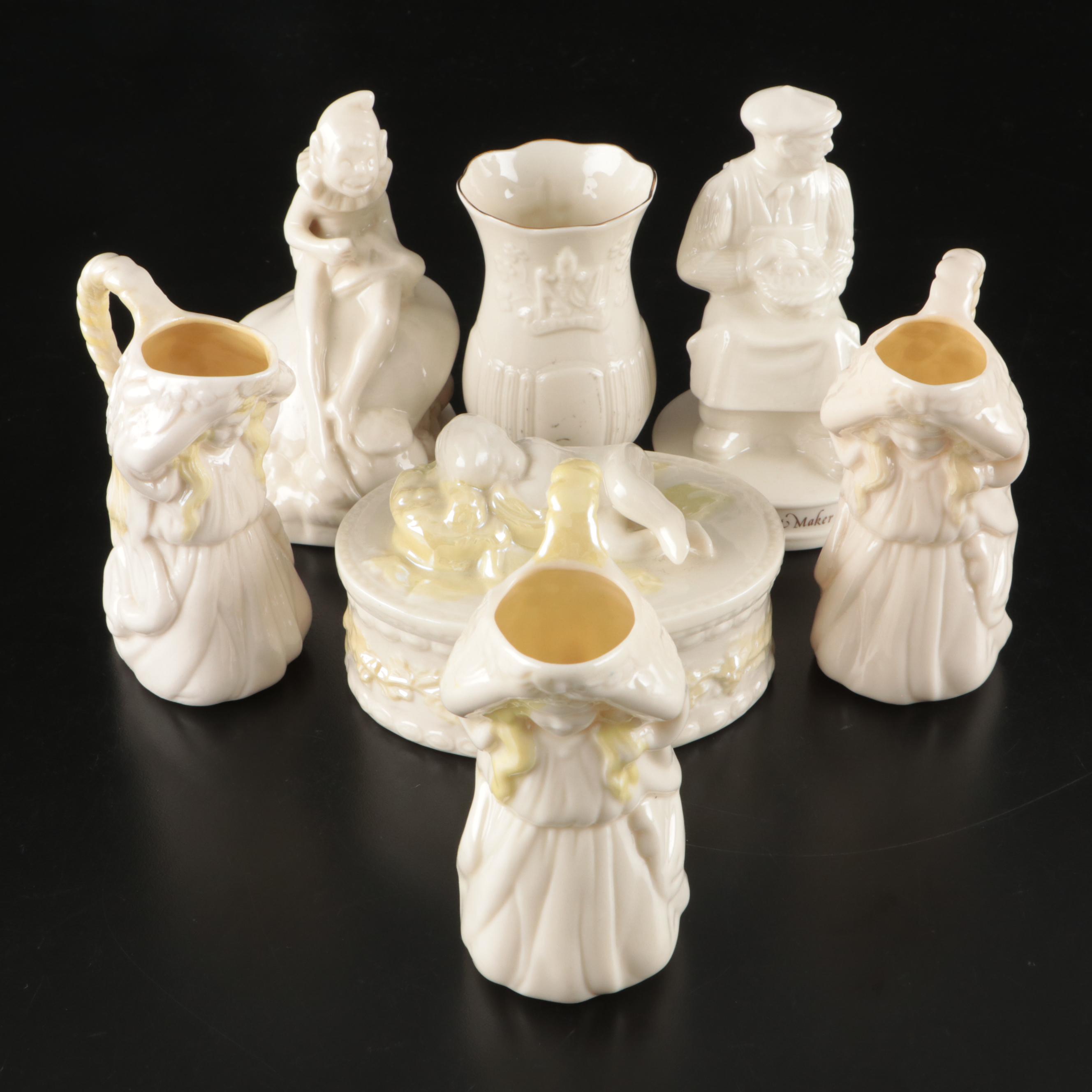 Belleek Porcelain Figural Creamers, Bud Vase, Figurines, and Lidded Box