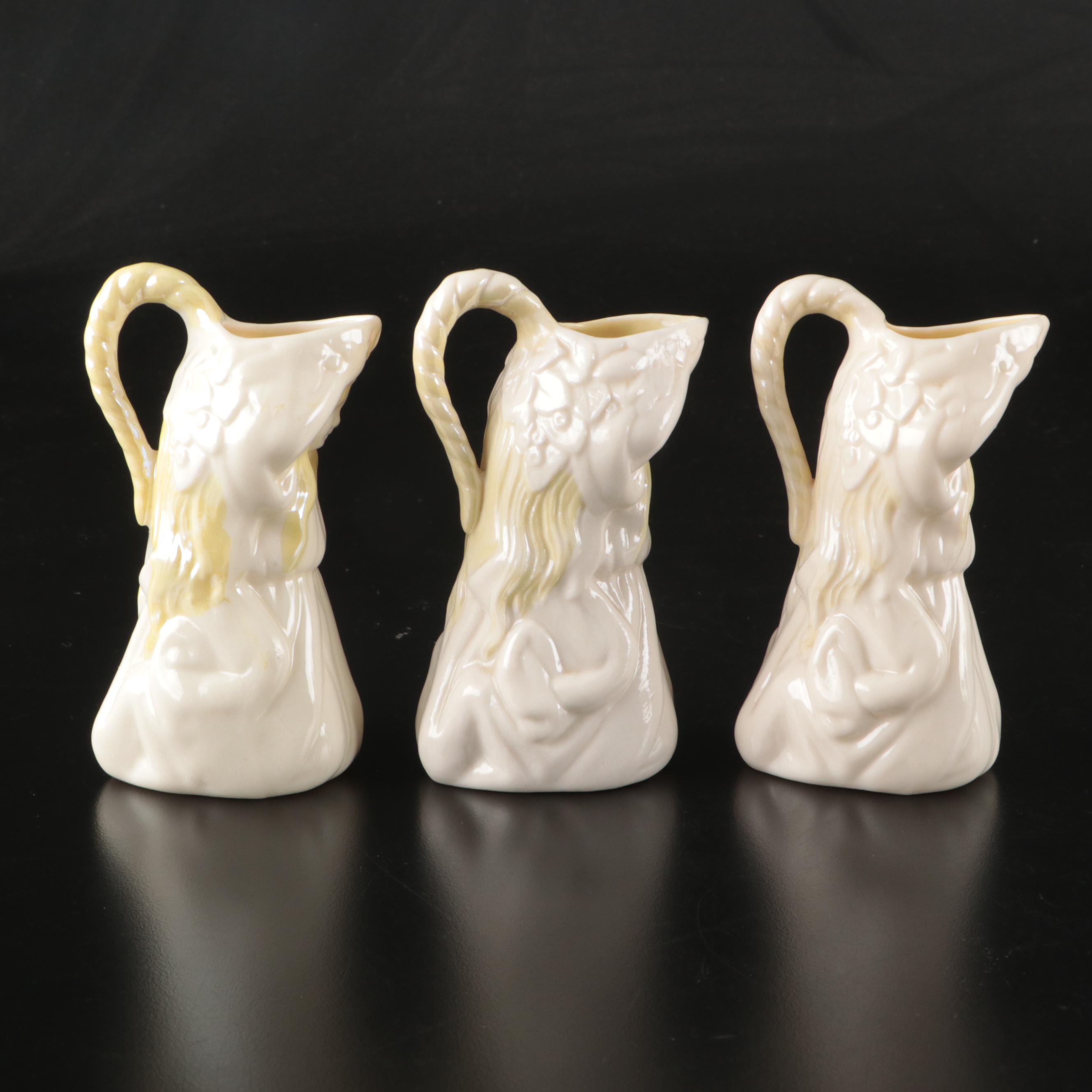 Belleek Porcelain Figural Creamers, Bud Vase, Figurines, and Lidded Box