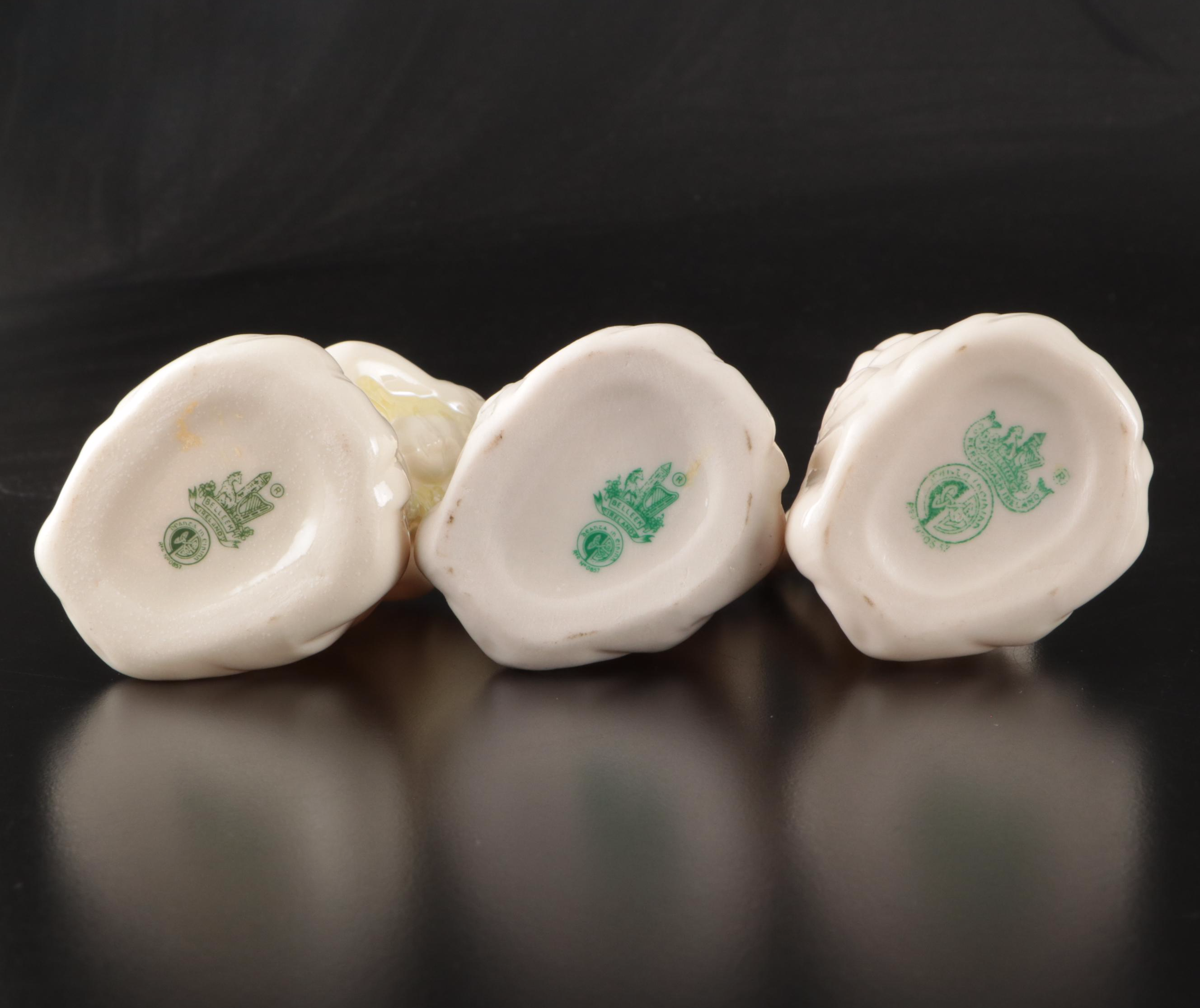 Belleek Porcelain Figural Creamers, Bud Vase, Figurines, and Lidded Box