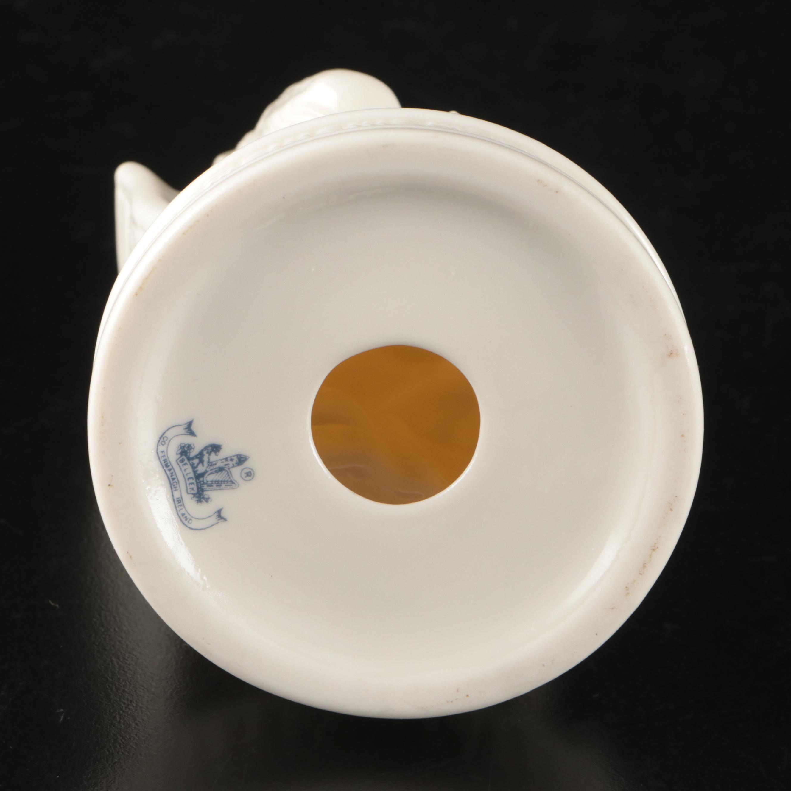 Belleek Porcelain Figural Creamers, Bud Vase, Figurines, and Lidded Box