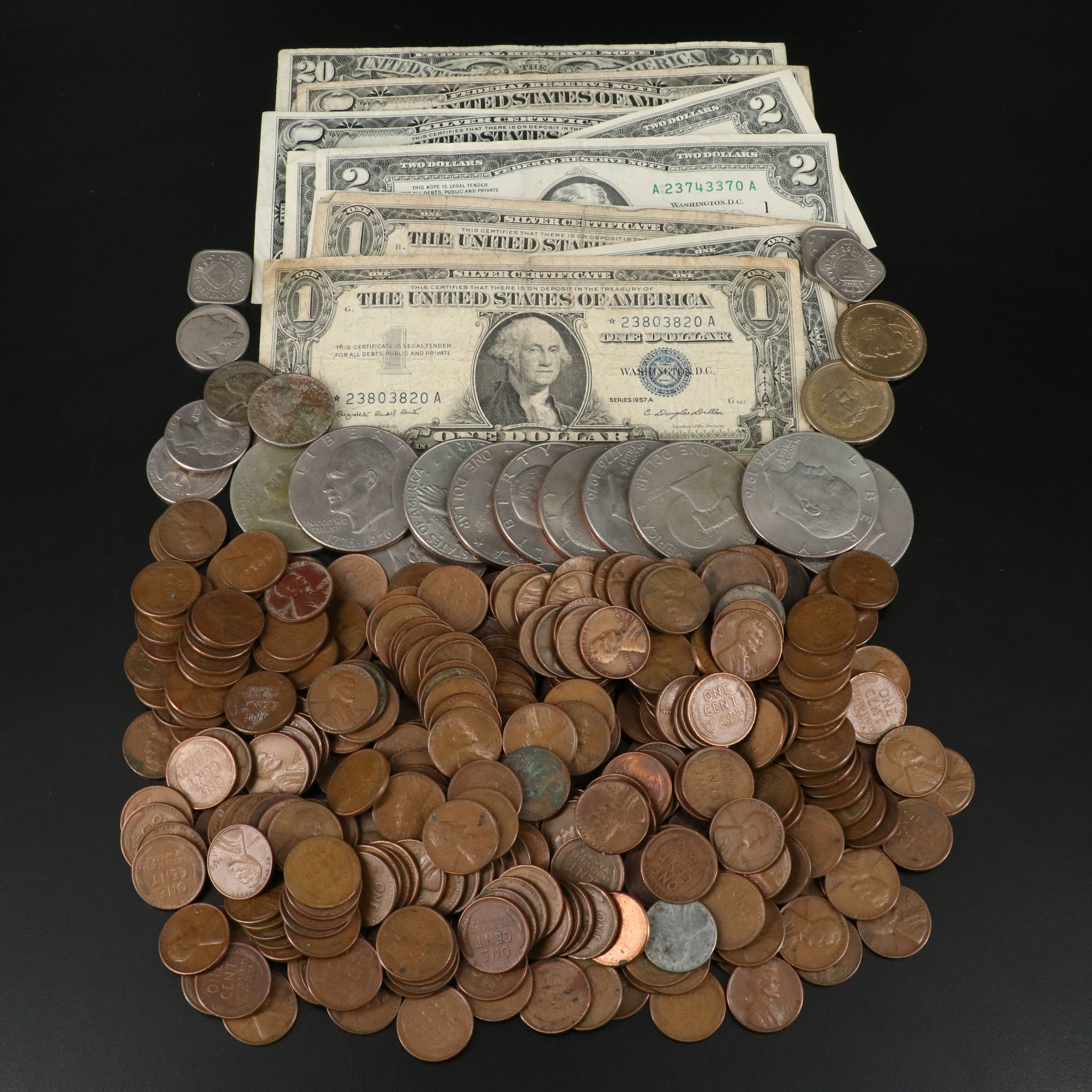 328 Lincoln Wheat Cents, Vintage U.S. Currency, Ike Dollars, and More
