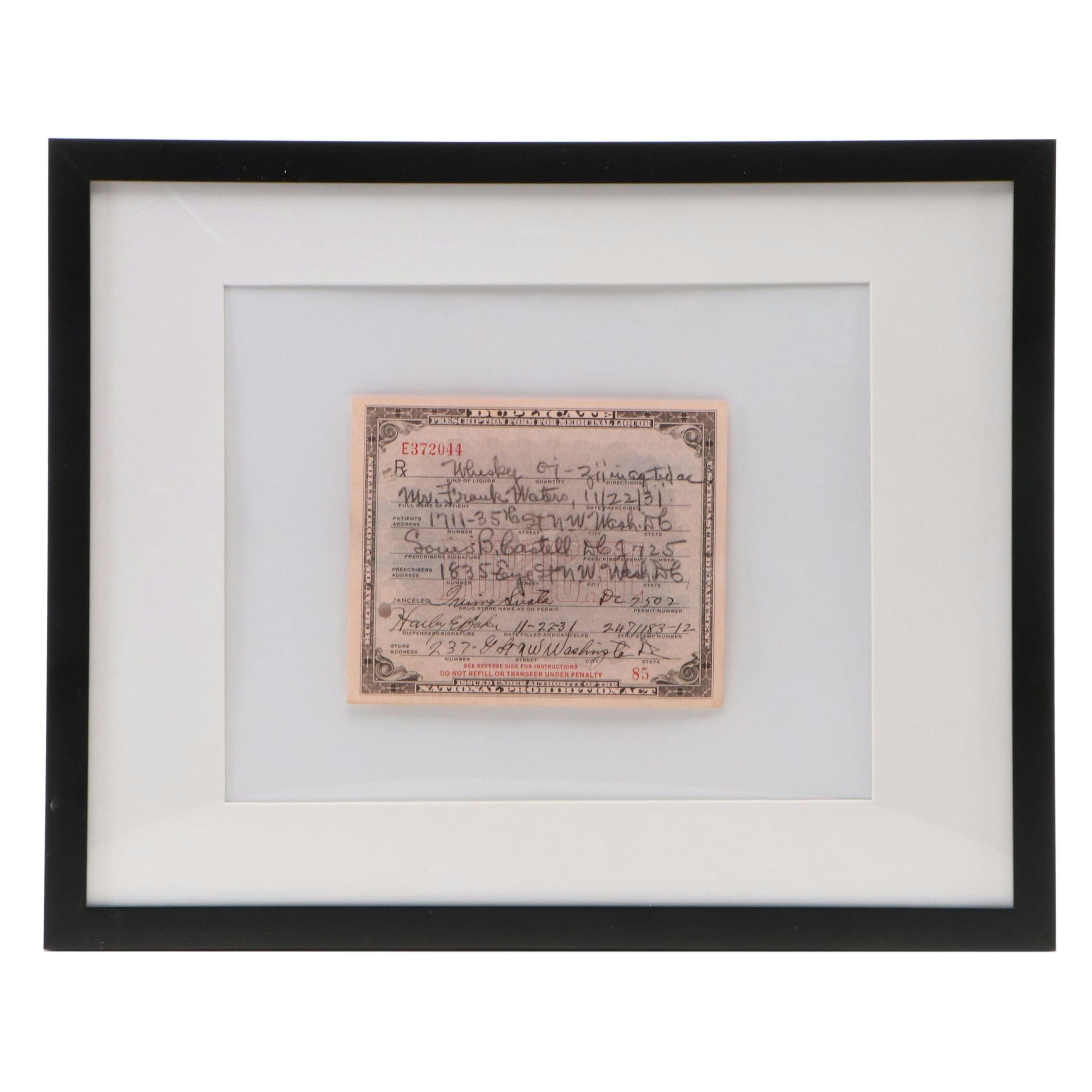 Prohibition Era Prescription Form for Whiskey, 1931