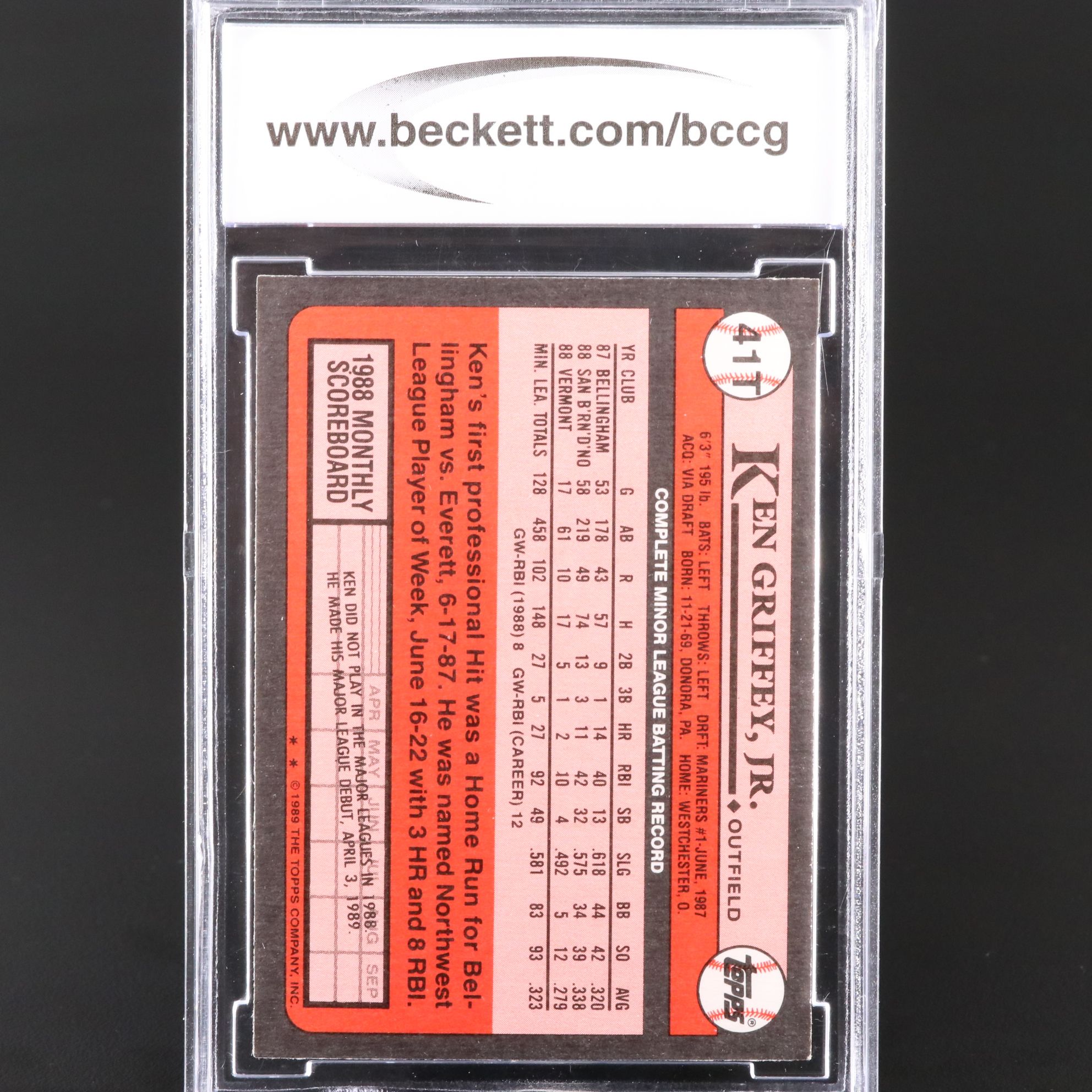 1989 Topps Traded Ken Griffey Jr. Seattle Mariners Rookie Card Graded BCCG 10