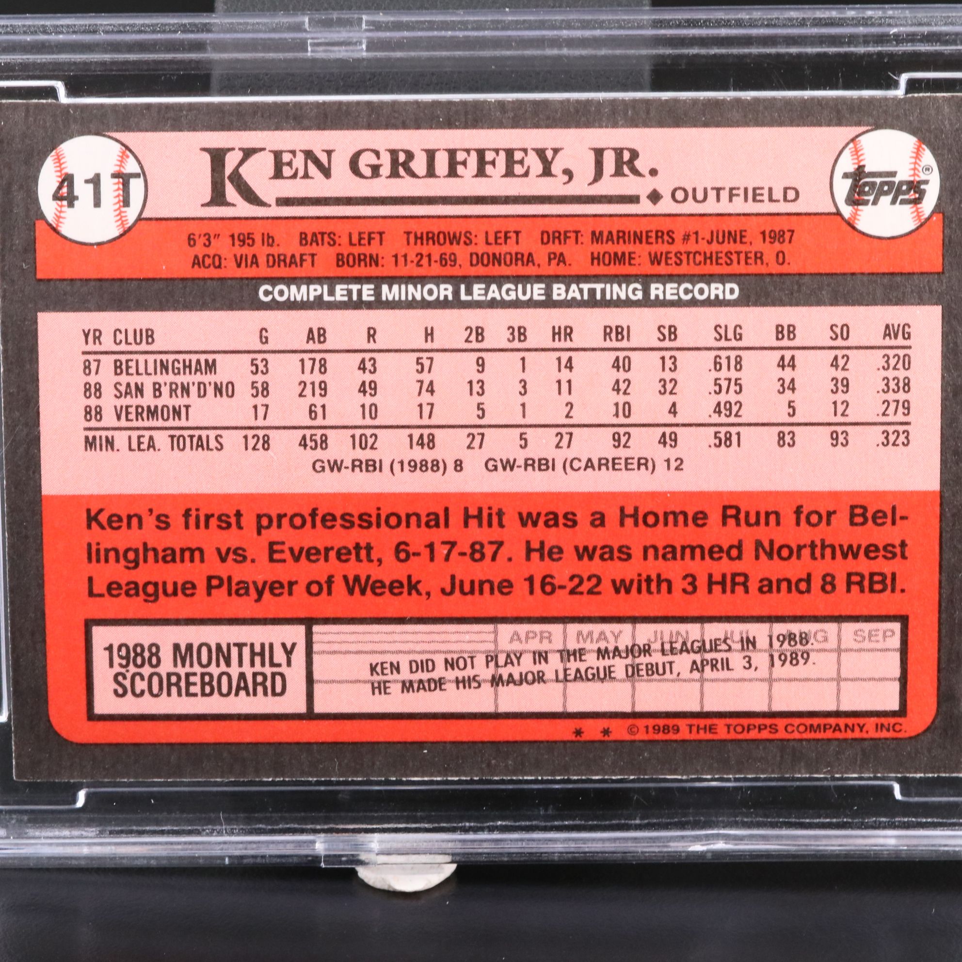 1989 Topps Traded Ken Griffey Jr. Seattle Mariners Rookie Card Graded BCCG 10
