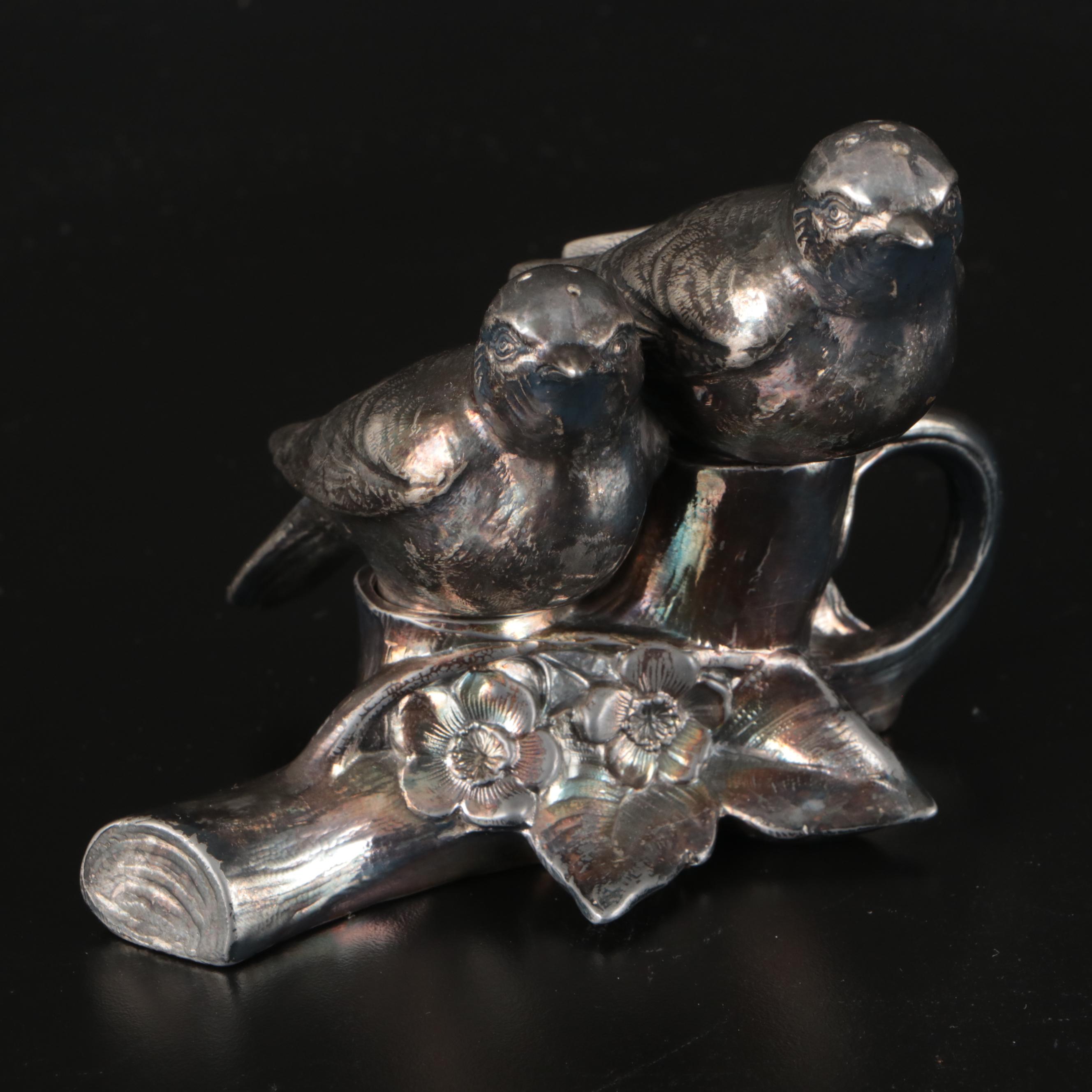 Weidlich Bros. Silver Plate Bird Shaped Salt and Pepper Shakers on Branch