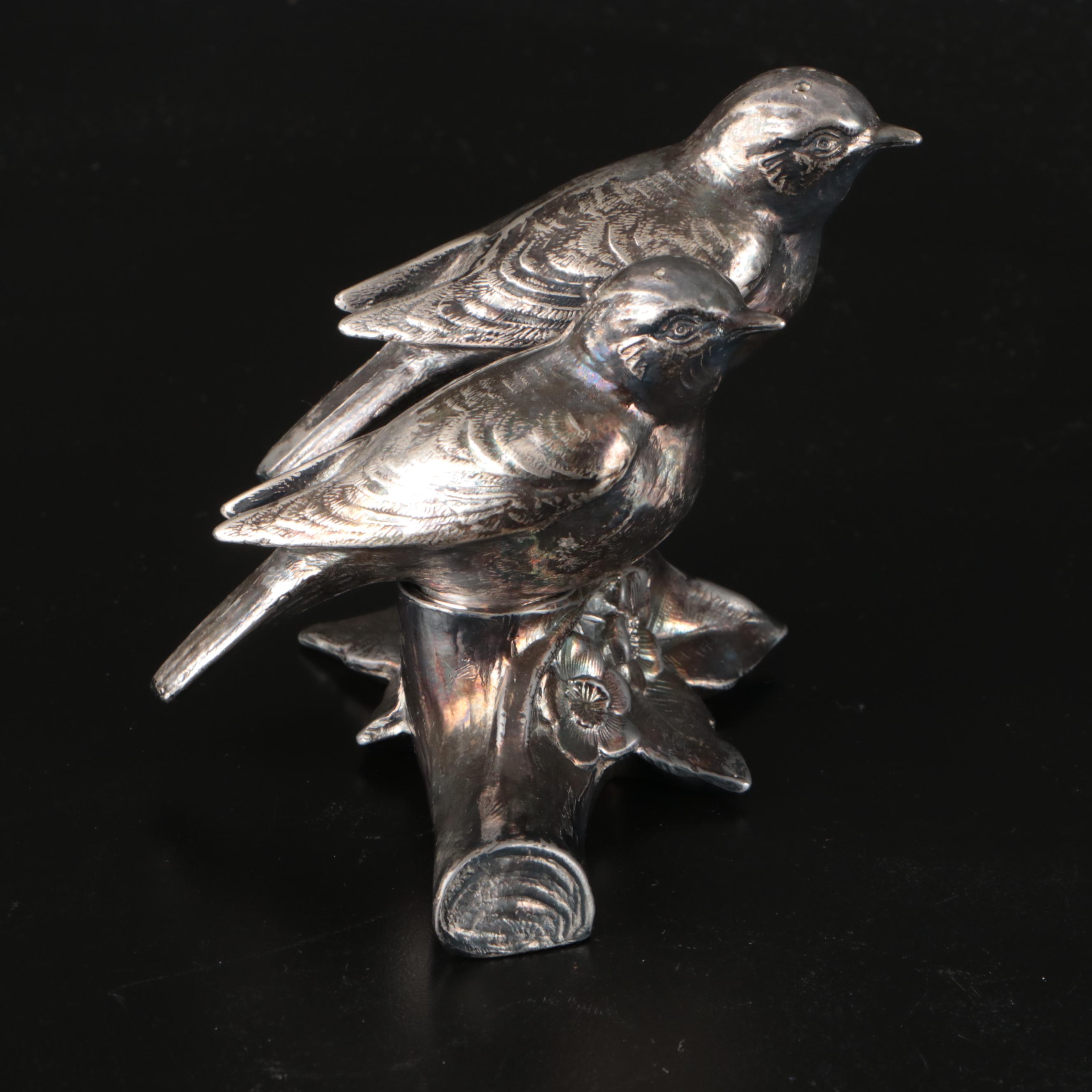 Weidlich Bros. Silver Plate Bird Shaped Salt and Pepper Shakers on Branch