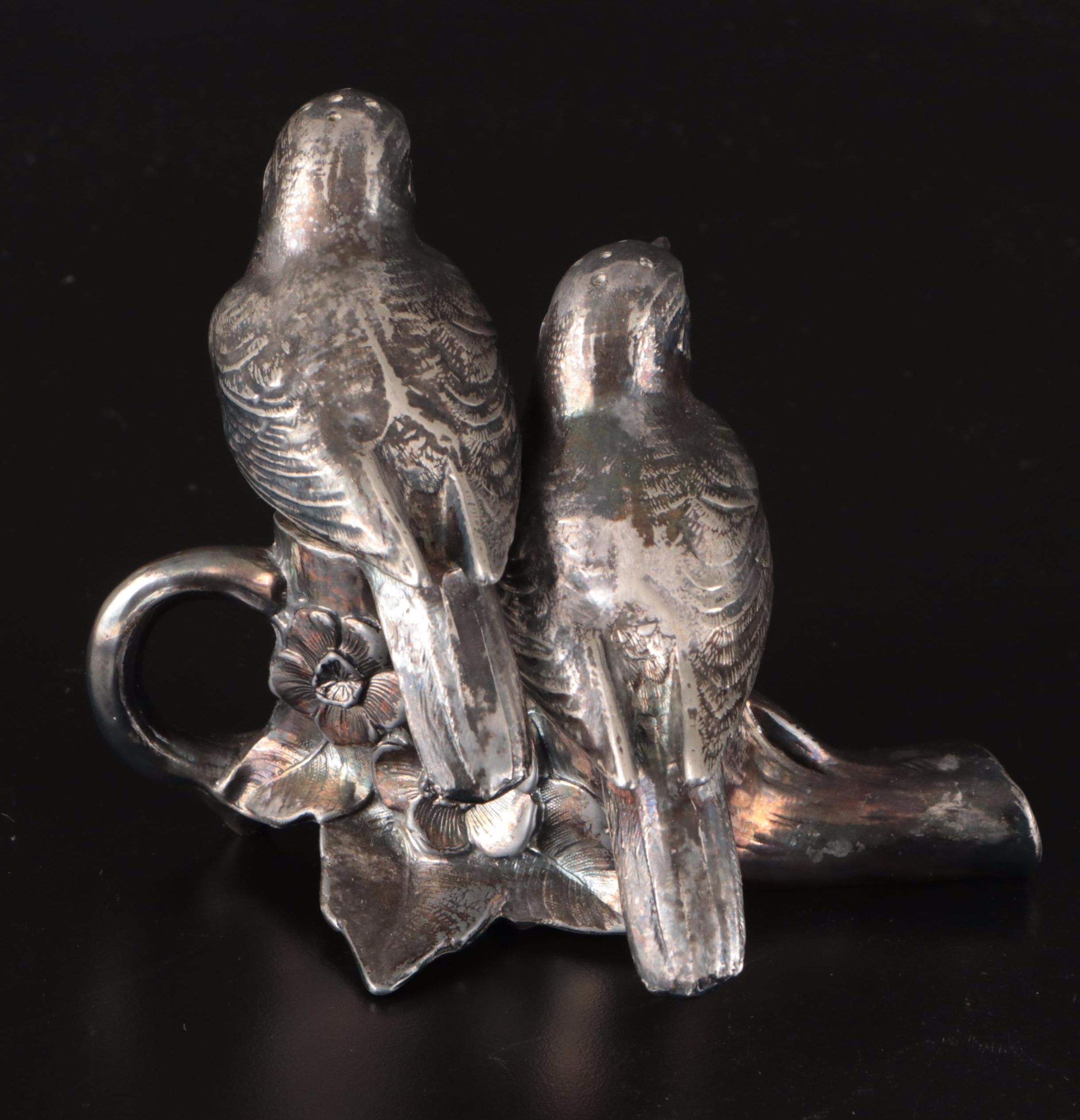 Weidlich Bros. Silver Plate Bird Shaped Salt and Pepper Shakers on Branch