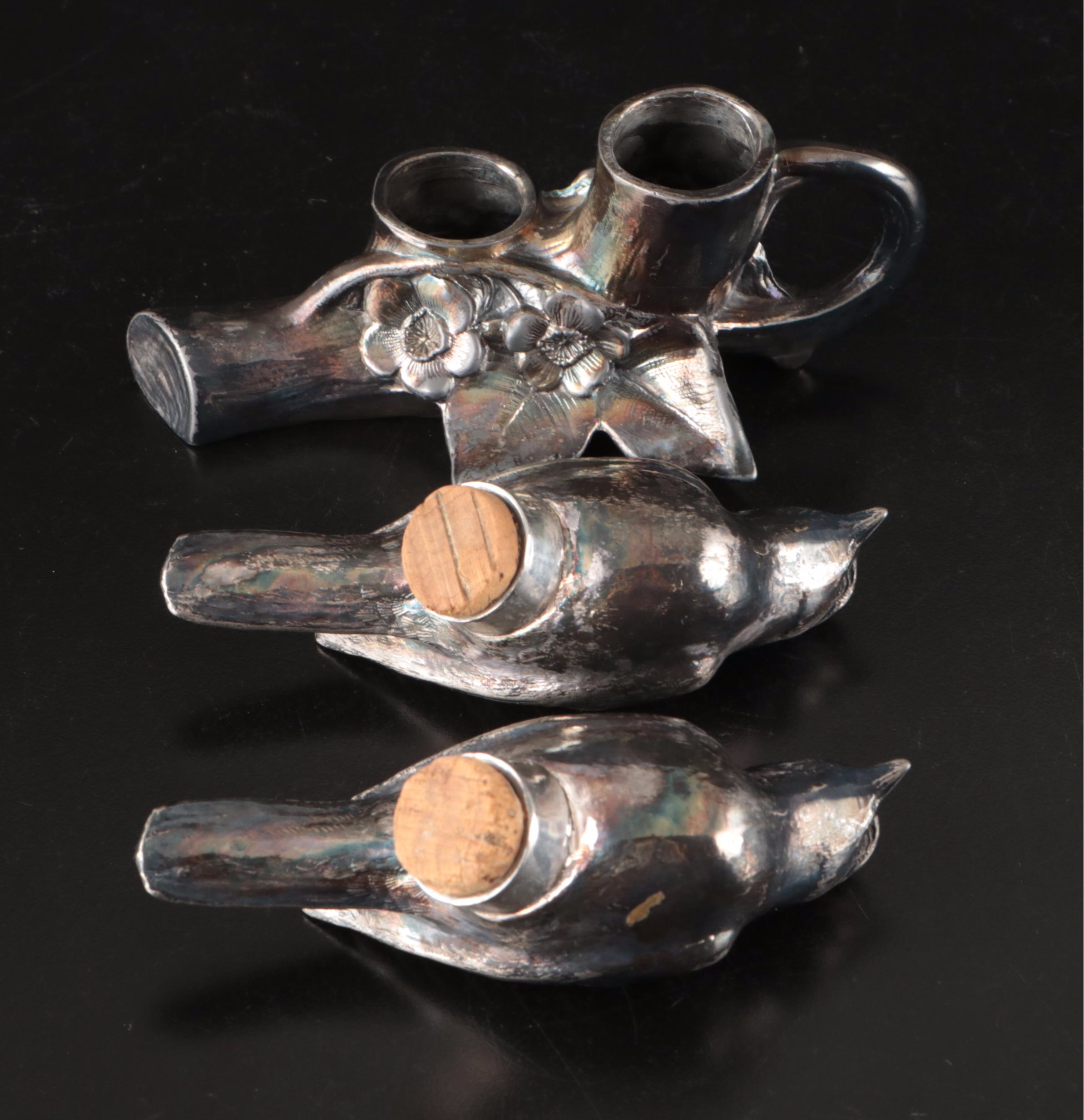 Weidlich Bros. Silver Plate Bird Shaped Salt and Pepper Shakers on Branch