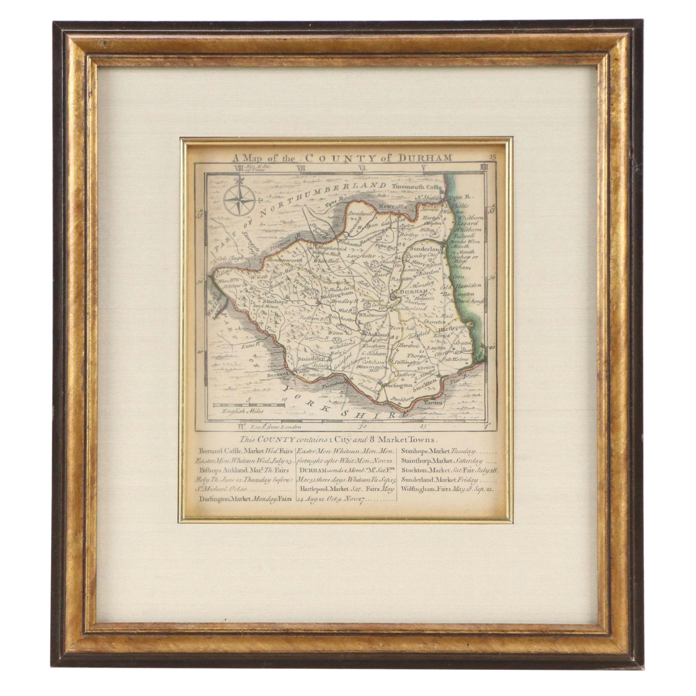 English Hand-Colored Engraved Map of County Durham, 18th Century