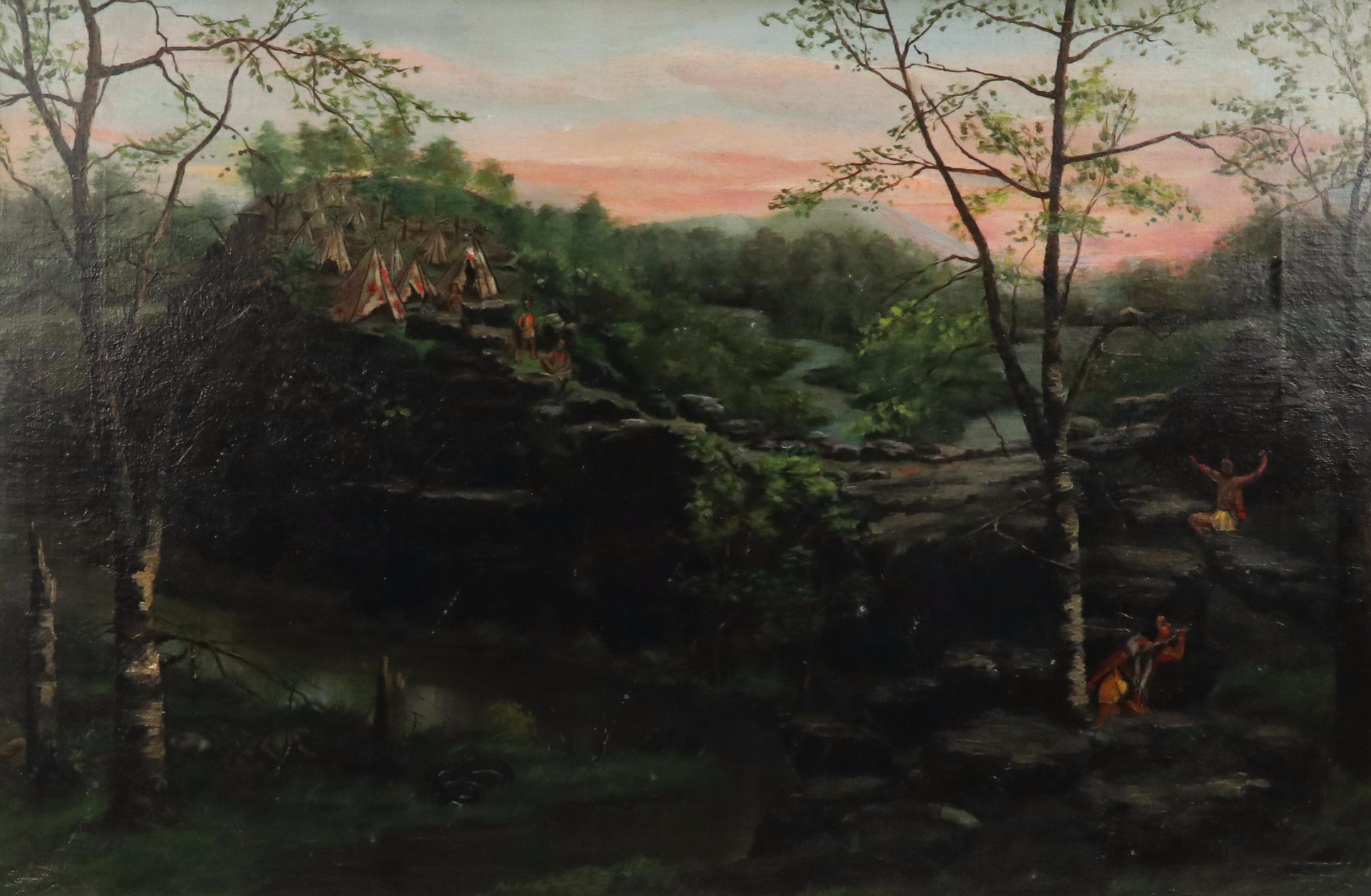 Anna Ford Wooded Landscape Oil Painting of Native American Camp, 1892