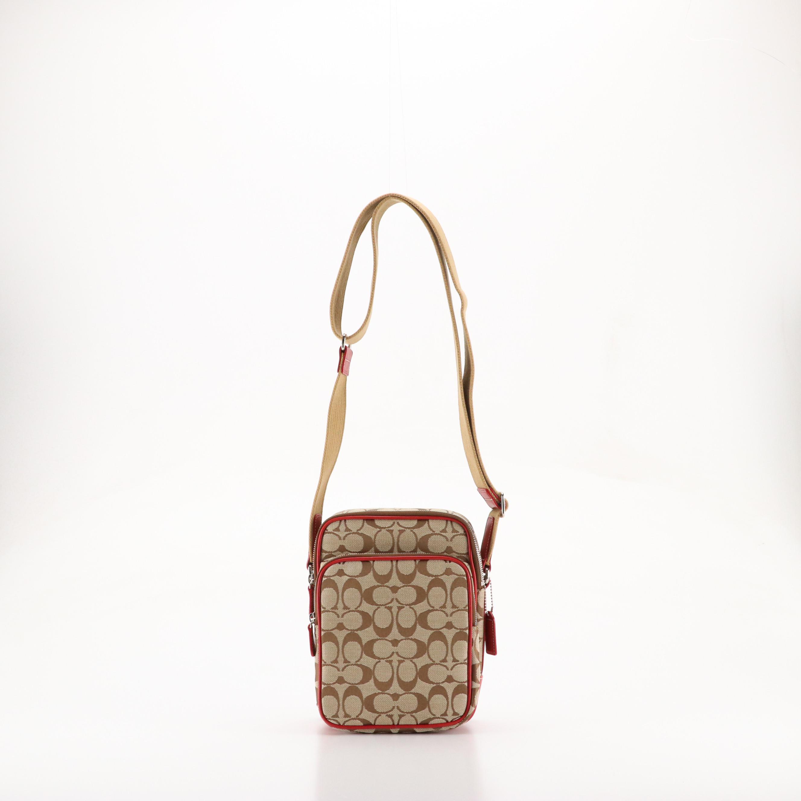 Coach Signature Canvas Sling Bag with Red Leather Trim