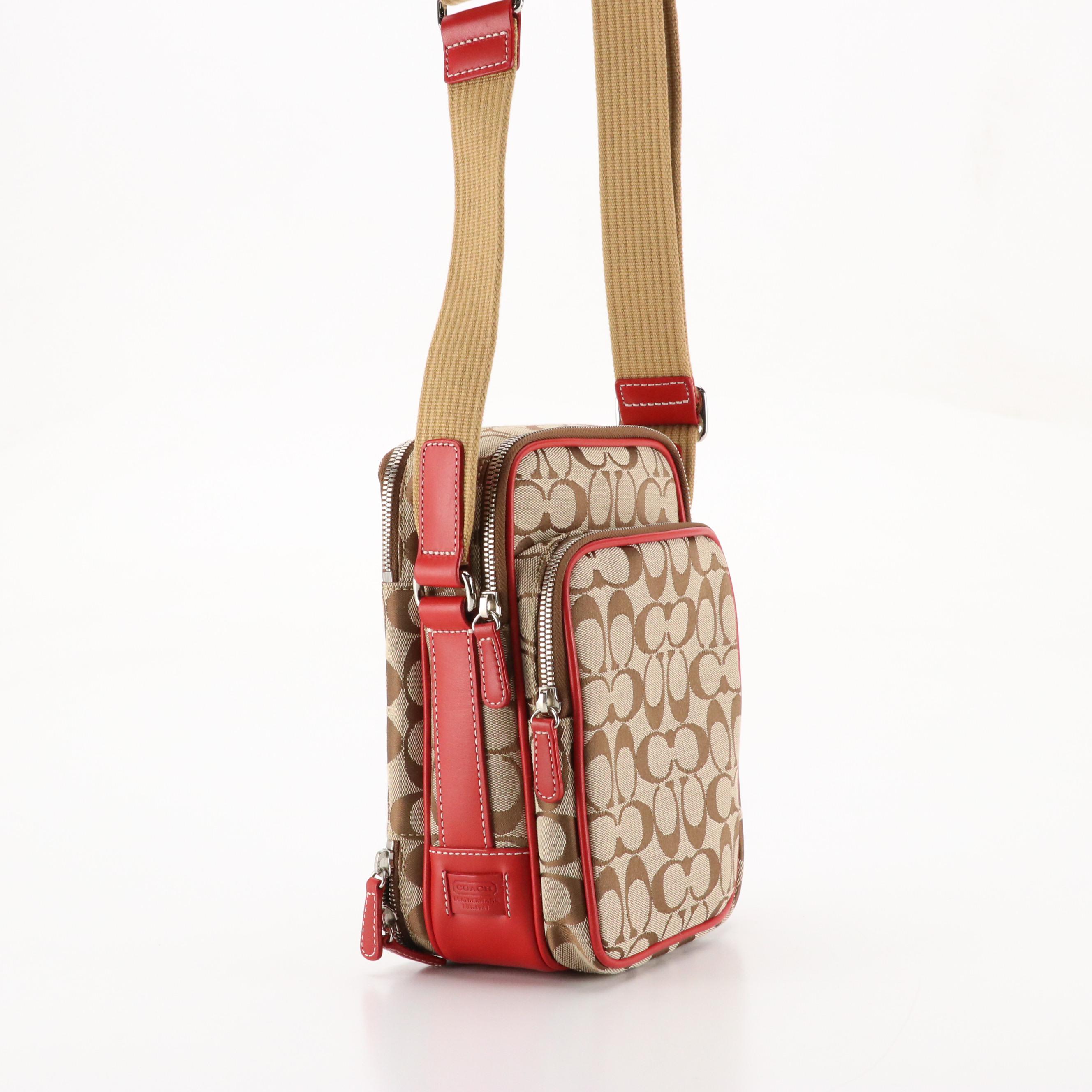 Coach Signature Canvas Sling Bag with Red Leather Trim