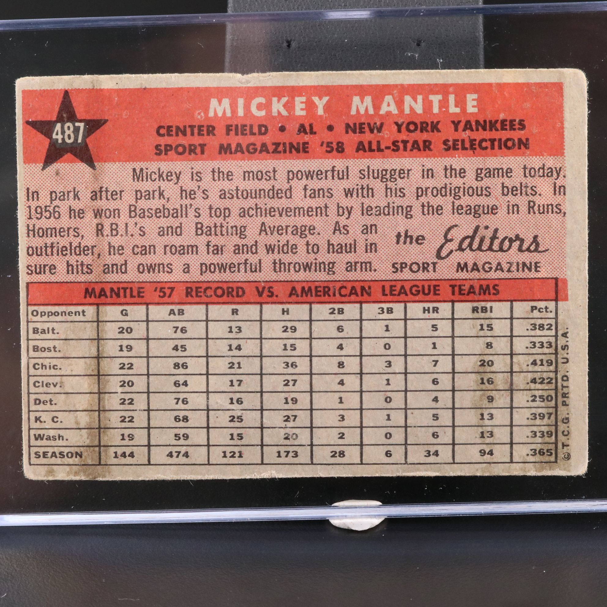 1958 Topps Mickey Mantle New York Yankees All-Star Baseball Card