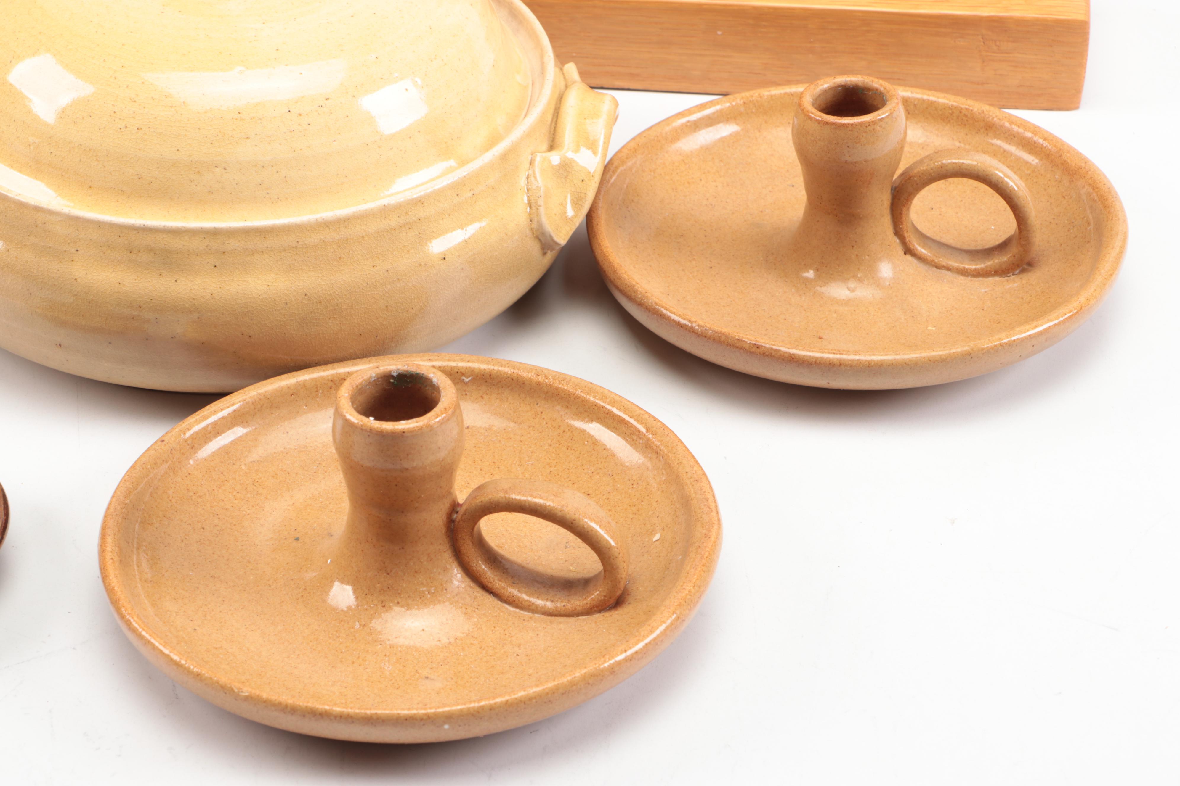 Folk Art Carved Walnut Handled Tray with Ceramic Candle Holders and Autumn Décor