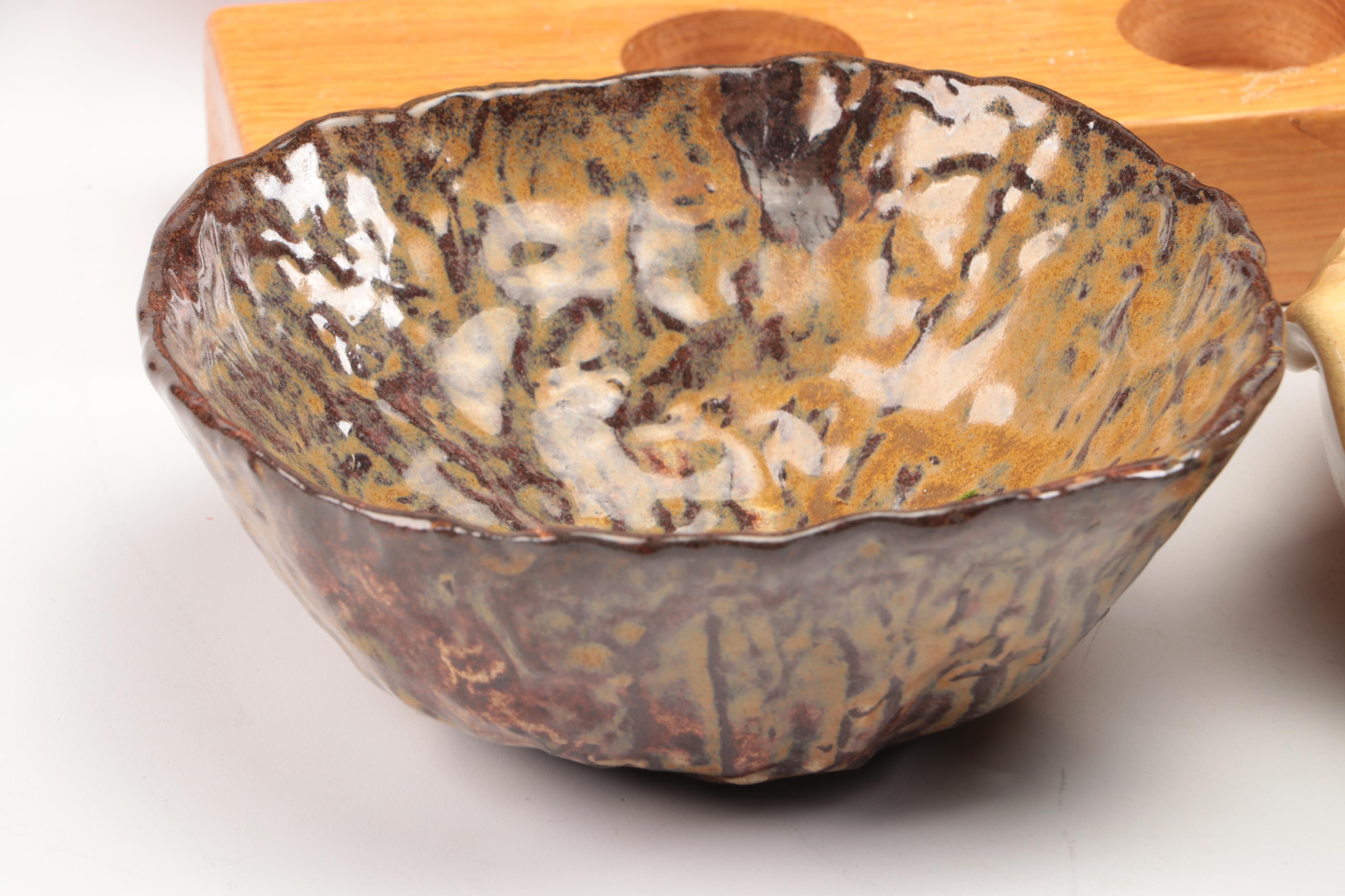 Folk Art Carved Walnut Handled Tray with Ceramic Candle Holders and Autumn Décor