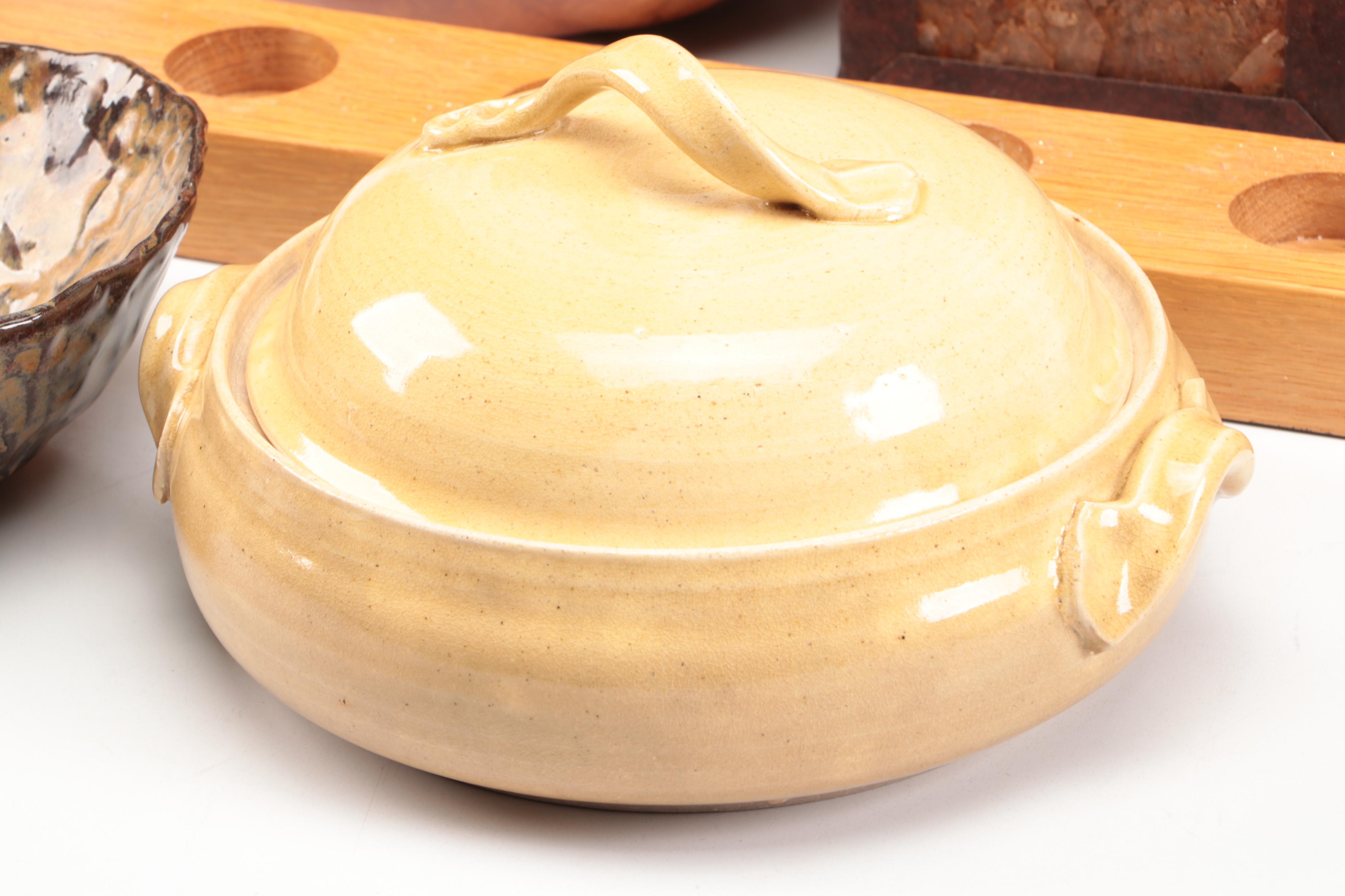 Folk Art Carved Walnut Handled Tray with Ceramic Candle Holders and Autumn Décor