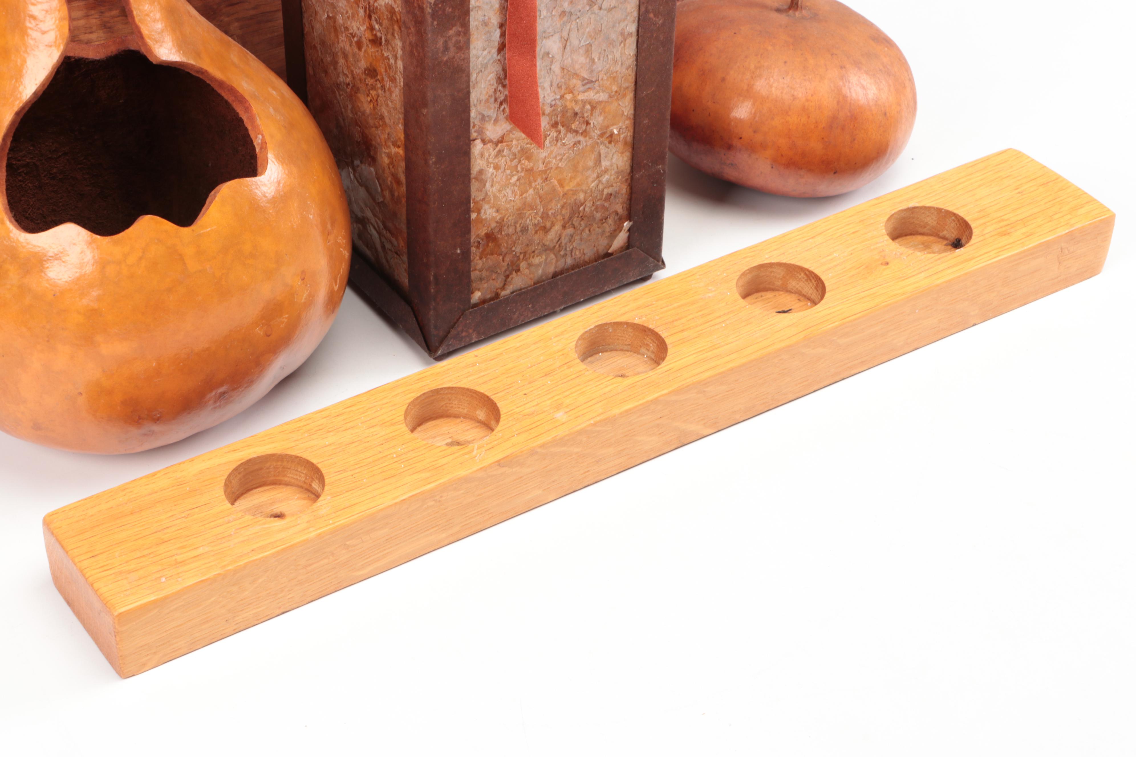 Folk Art Carved Walnut Handled Tray with Ceramic Candle Holders and Autumn Décor