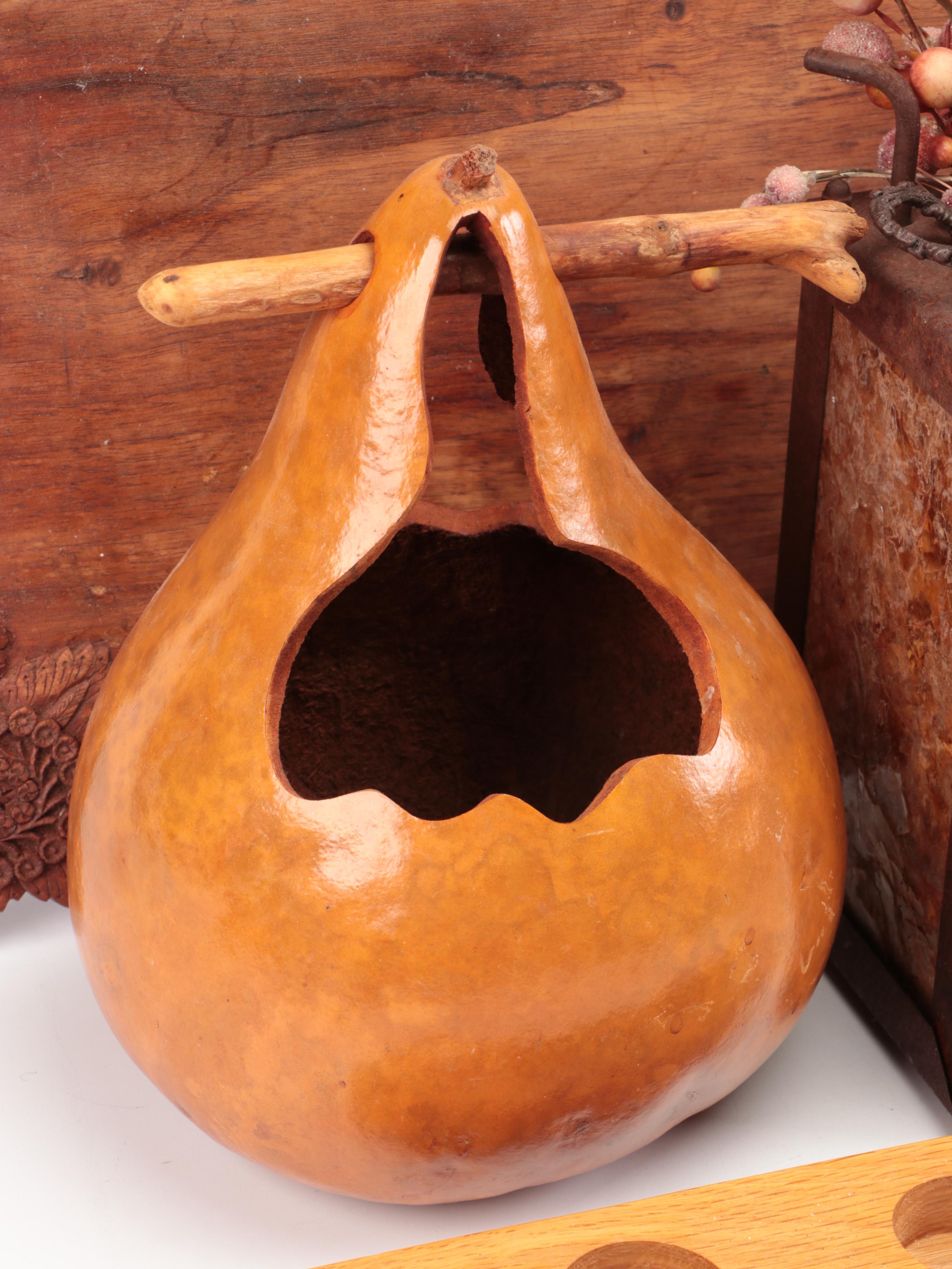 Folk Art Carved Walnut Handled Tray with Ceramic Candle Holders and Autumn Décor