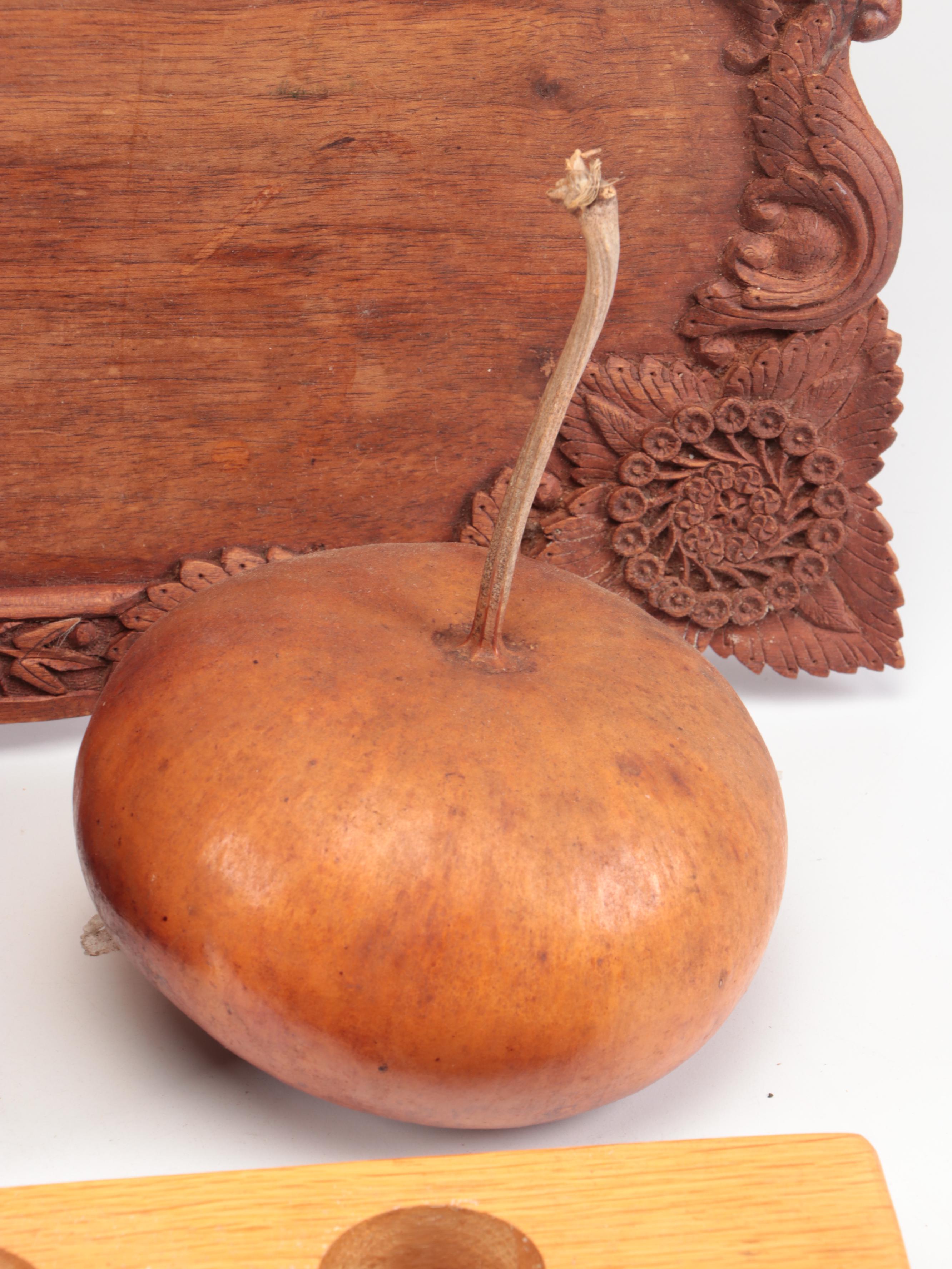 Folk Art Carved Walnut Handled Tray with Ceramic Candle Holders and Autumn Décor