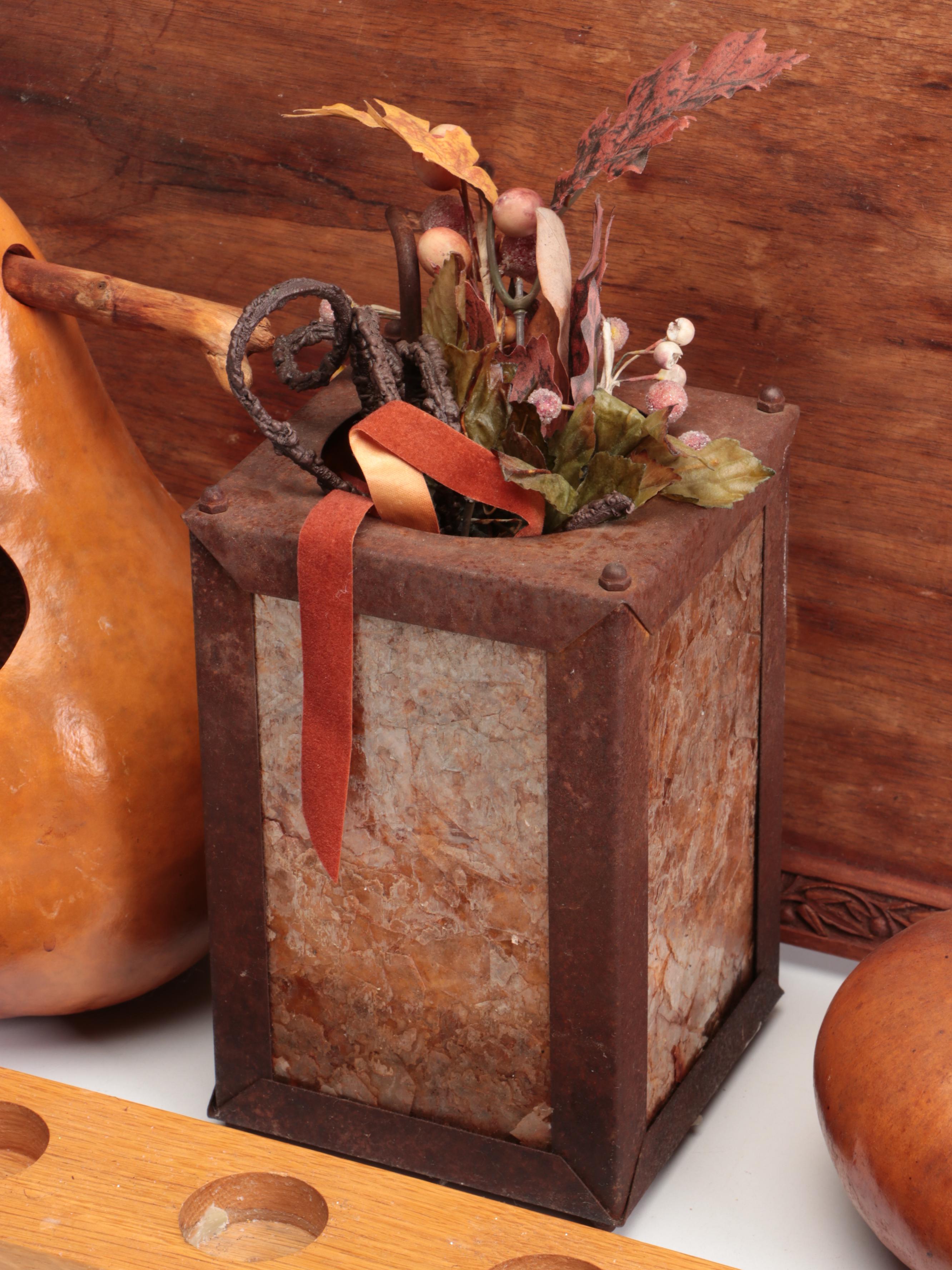 Folk Art Carved Walnut Handled Tray with Ceramic Candle Holders and Autumn Décor