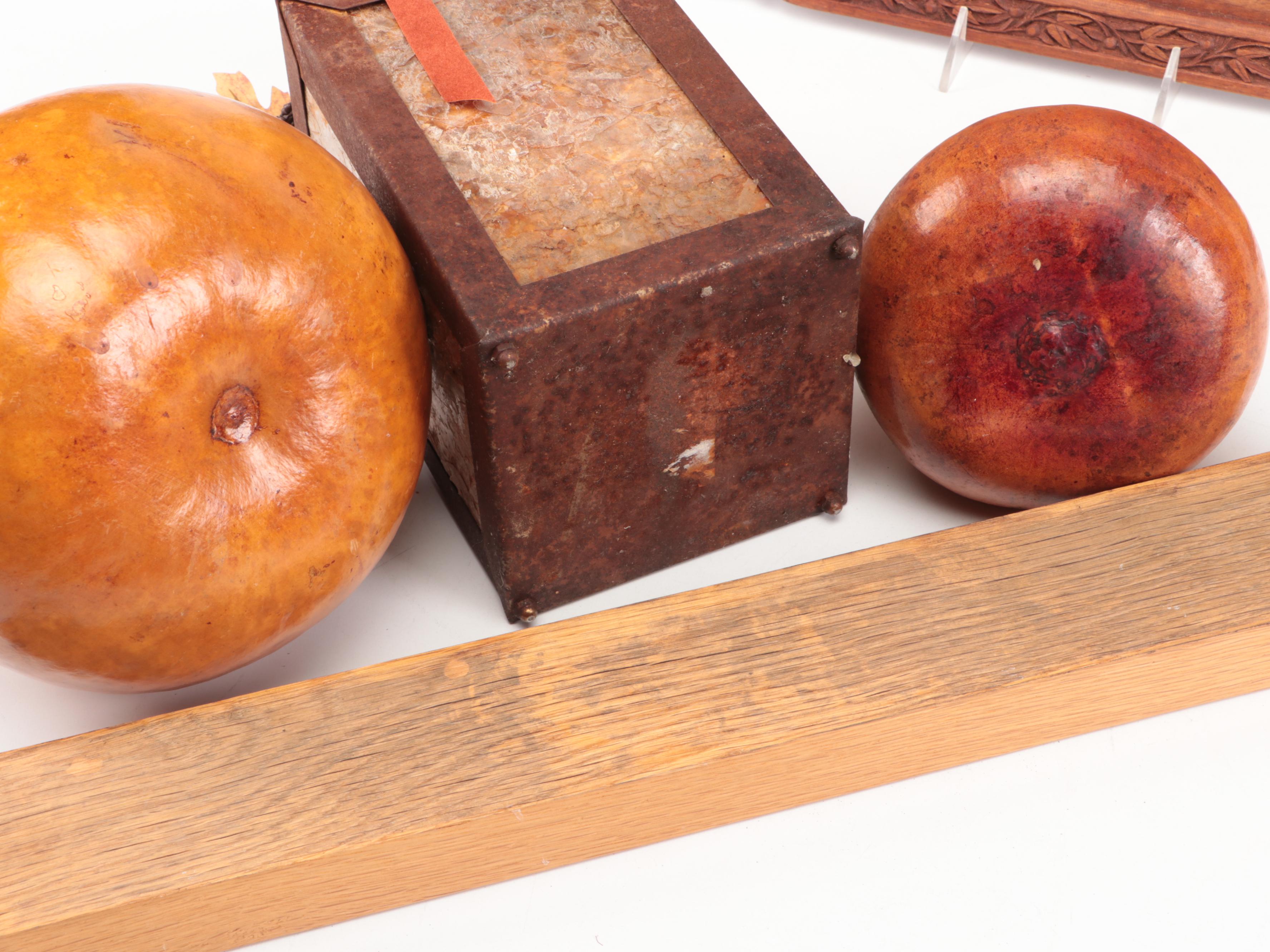 Folk Art Carved Walnut Handled Tray with Ceramic Candle Holders and Autumn Décor
