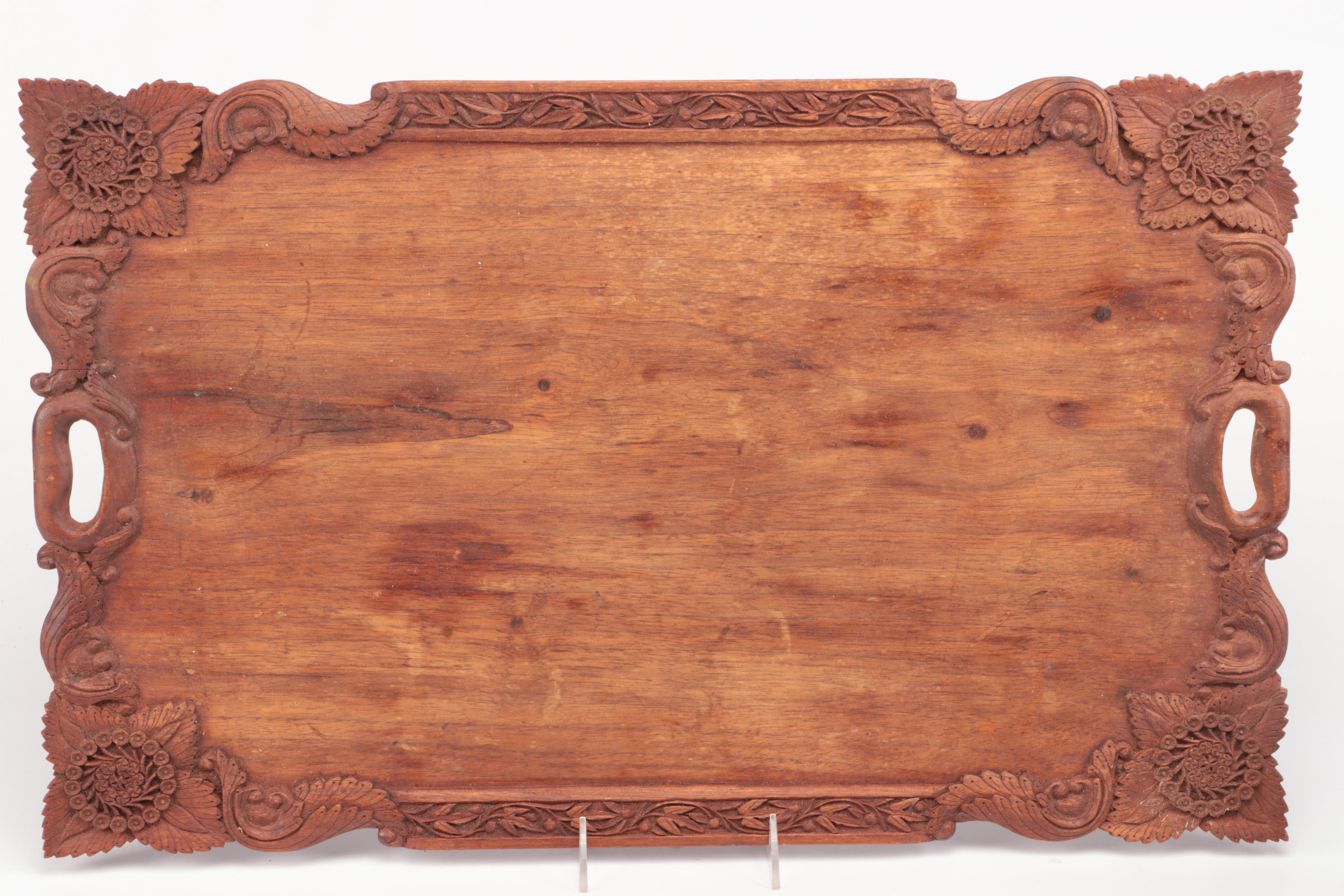Folk Art Carved Walnut Handled Tray with Ceramic Candle Holders and Autumn Décor