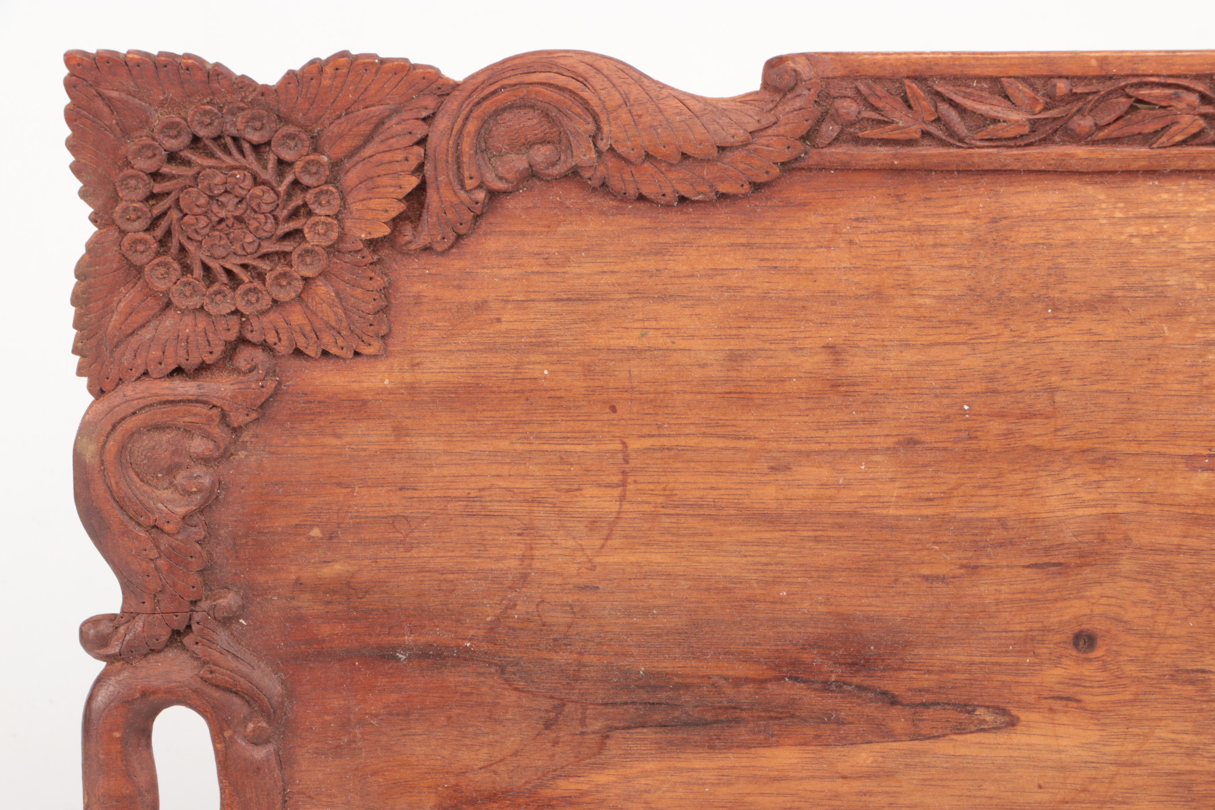 Folk Art Carved Walnut Handled Tray with Ceramic Candle Holders and Autumn Décor