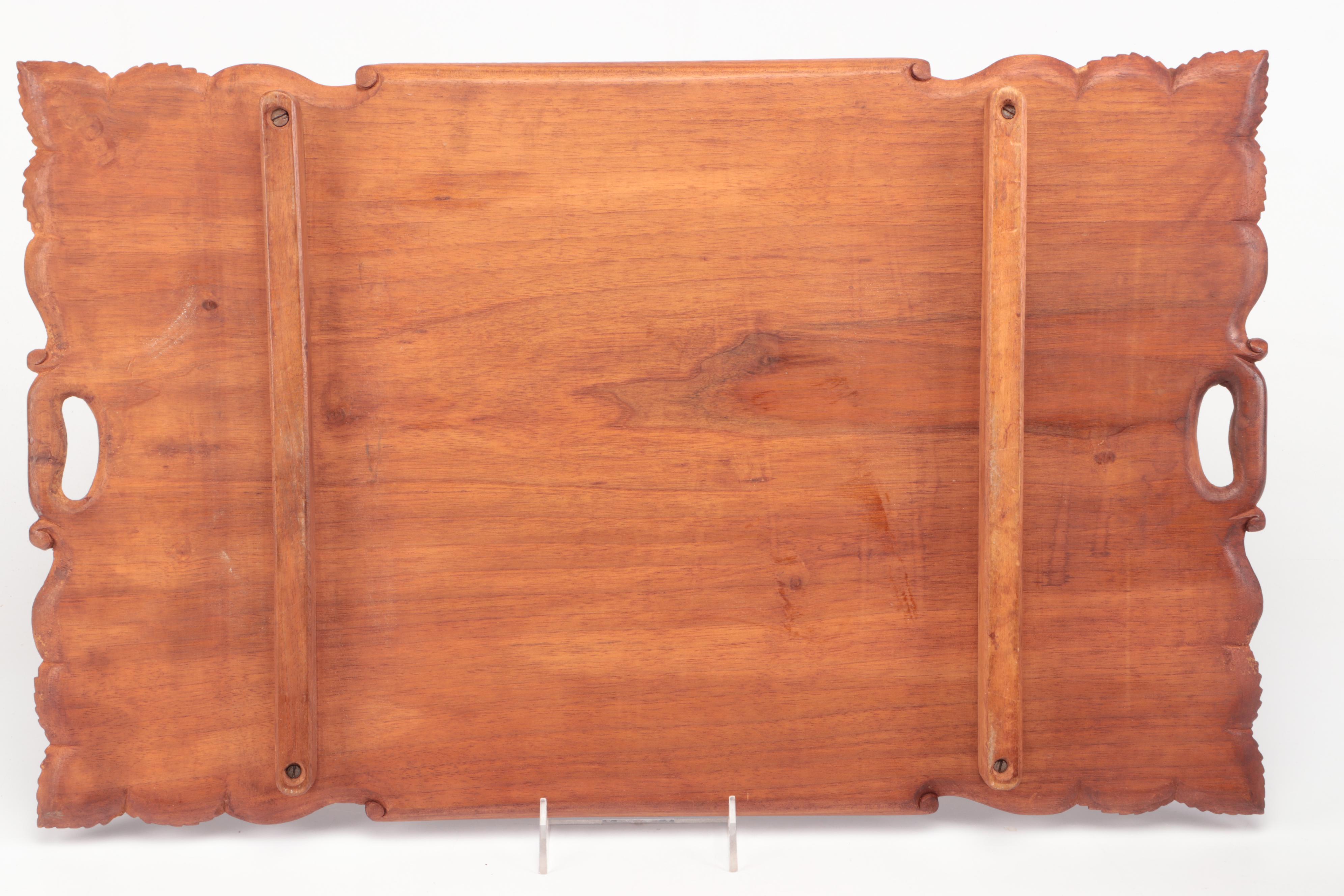 Folk Art Carved Walnut Handled Tray with Ceramic Candle Holders and Autumn Décor