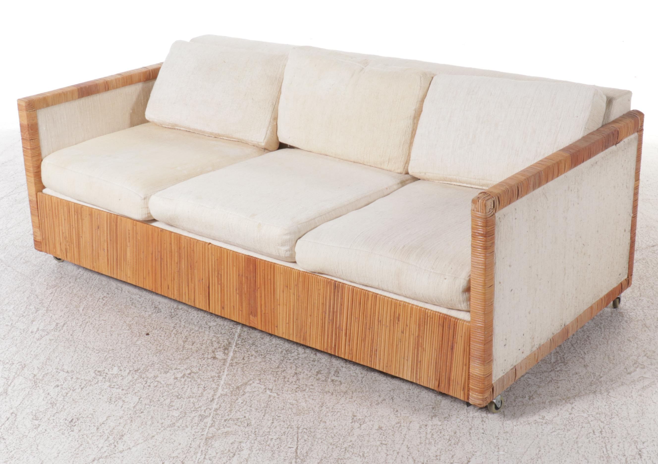 Rattan and Chenille Upholstered Sofa