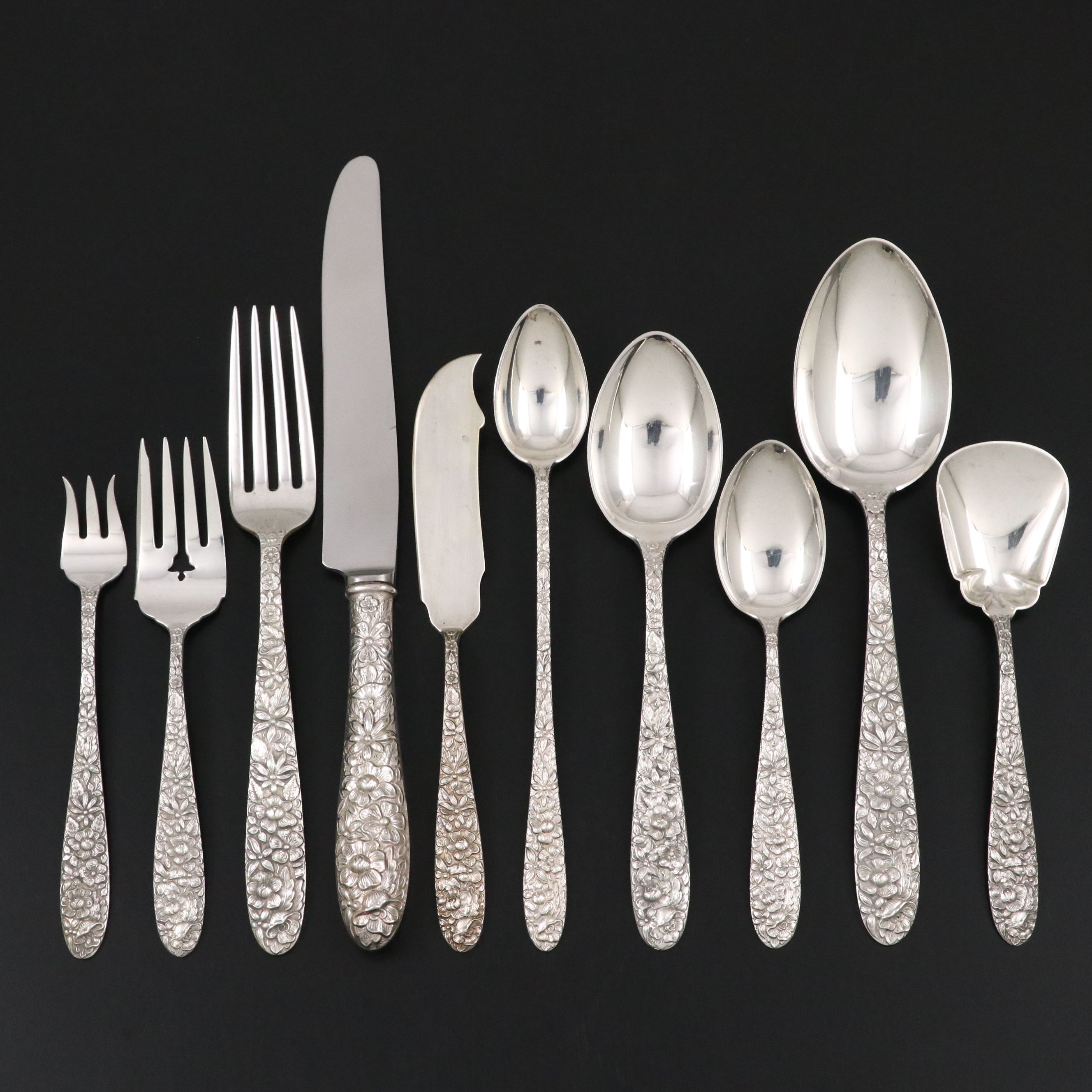 Manchester "Southern Rose" Sterling Flatware Set with Case, 20th Century