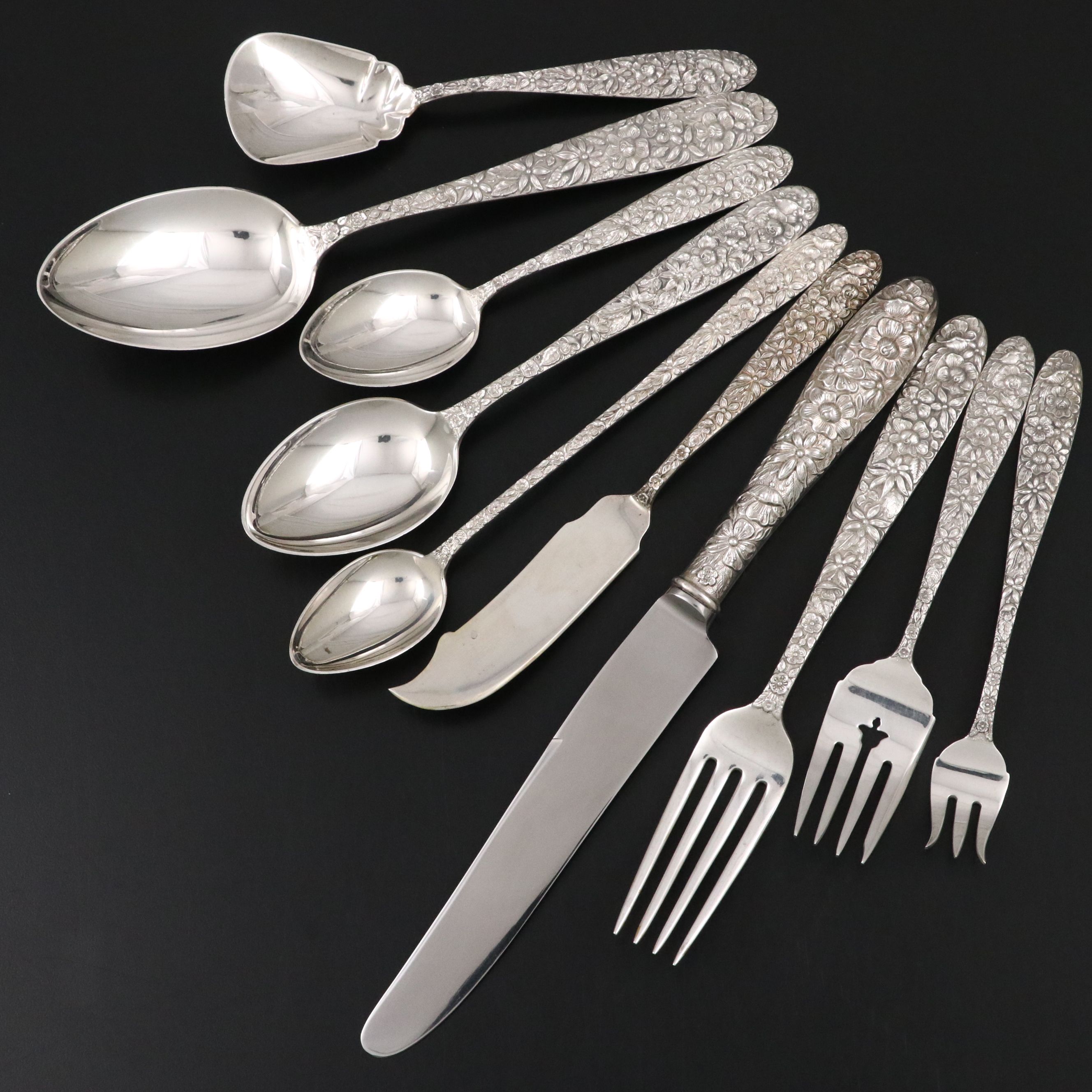 Manchester "Southern Rose" Sterling Flatware Set with Case, 20th Century