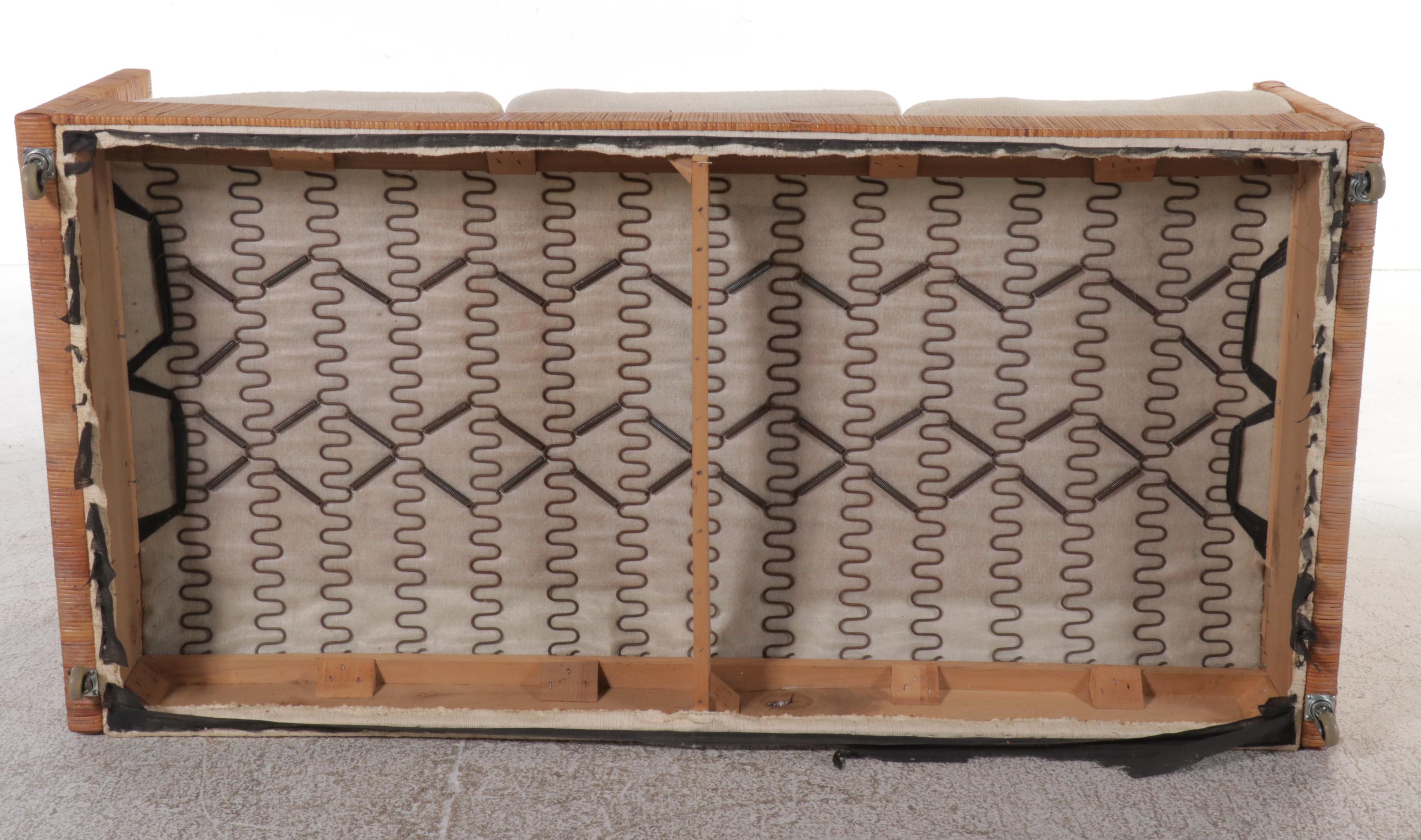 Rattan and Chenille Upholstered Sofa