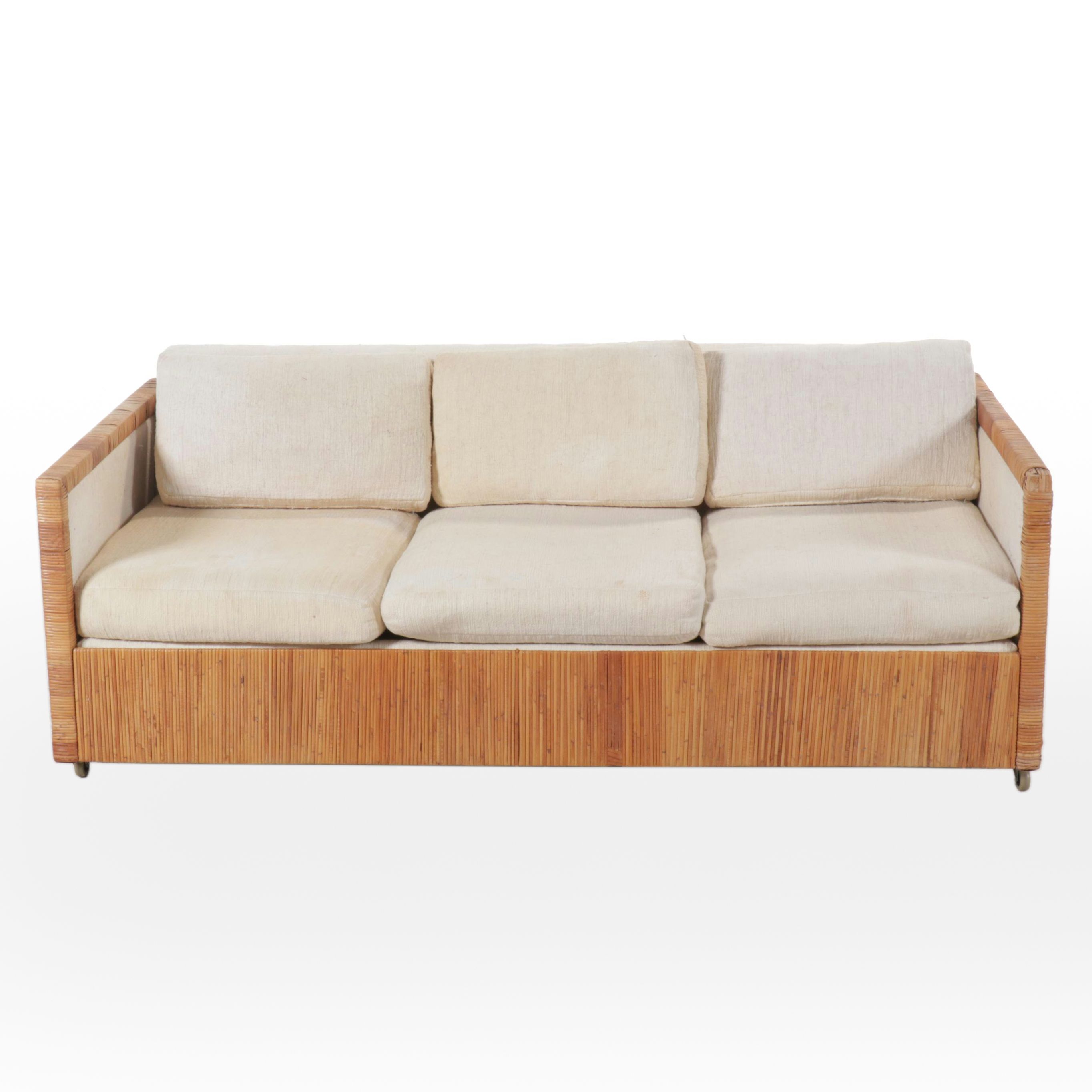 Rattan and Chenille Upholstered Sofa