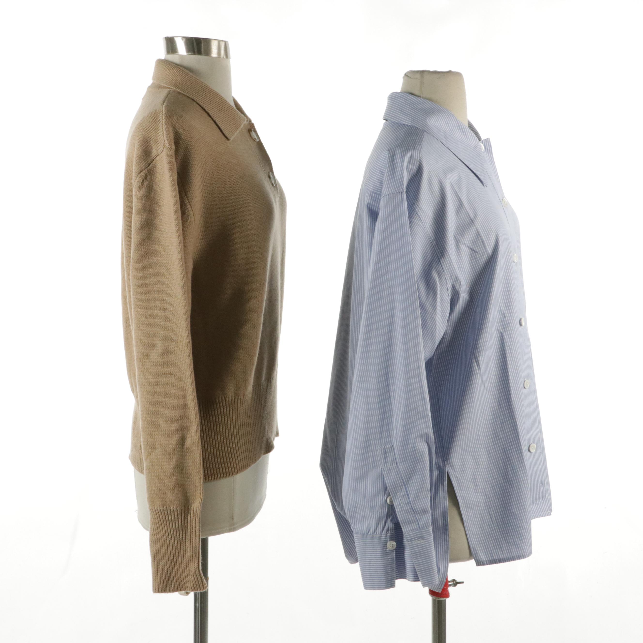 Equipment Femme Blue Striped Cotton Blouse, Lee Matthews Beige Wool Knit Sweater