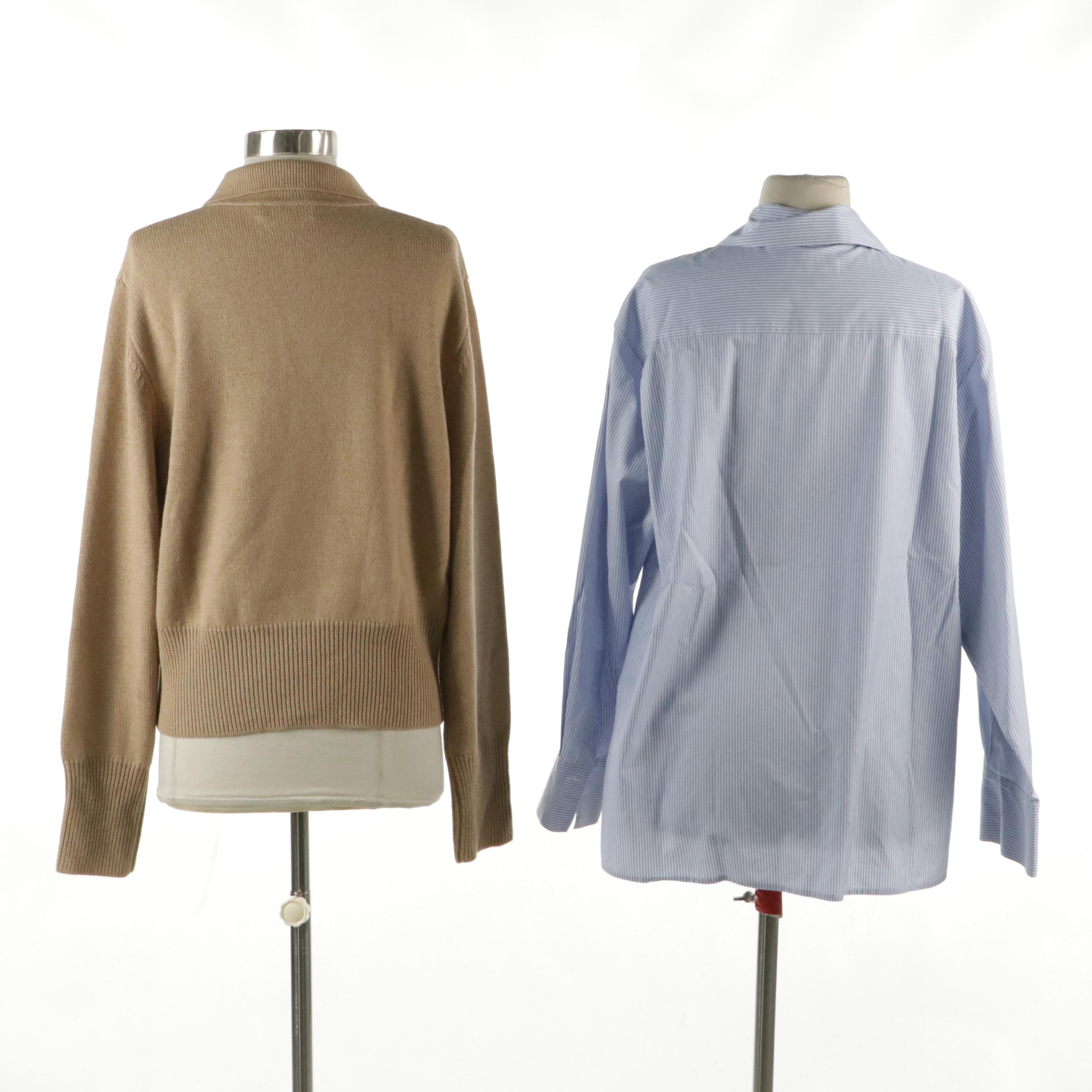 Equipment Femme Blue Striped Cotton Blouse, Lee Matthews Beige Wool Knit Sweater