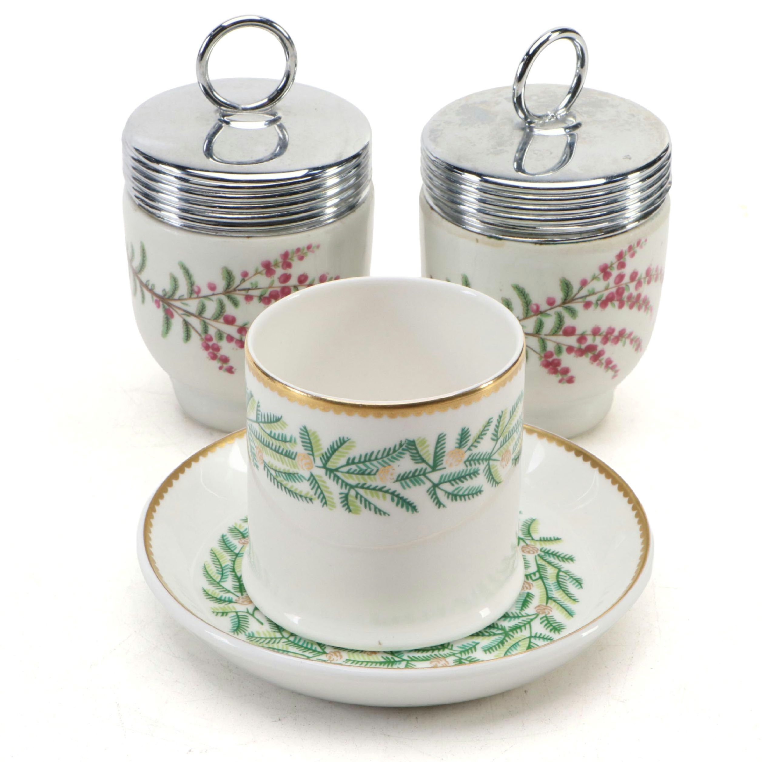 Tiffany for Crown Staffordshire "Evergreen" Cup and Saucer with Egg Coddlers