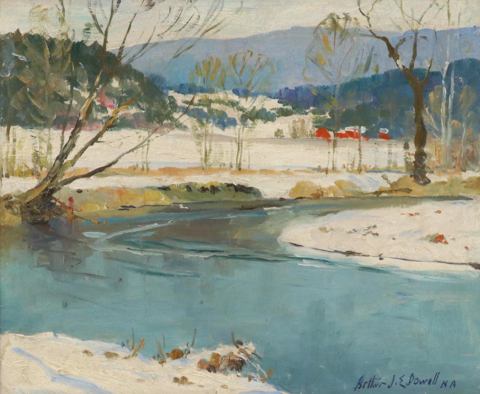 Arthur James Emery Powell Landscape Oil On Board of Creek After Snowfall