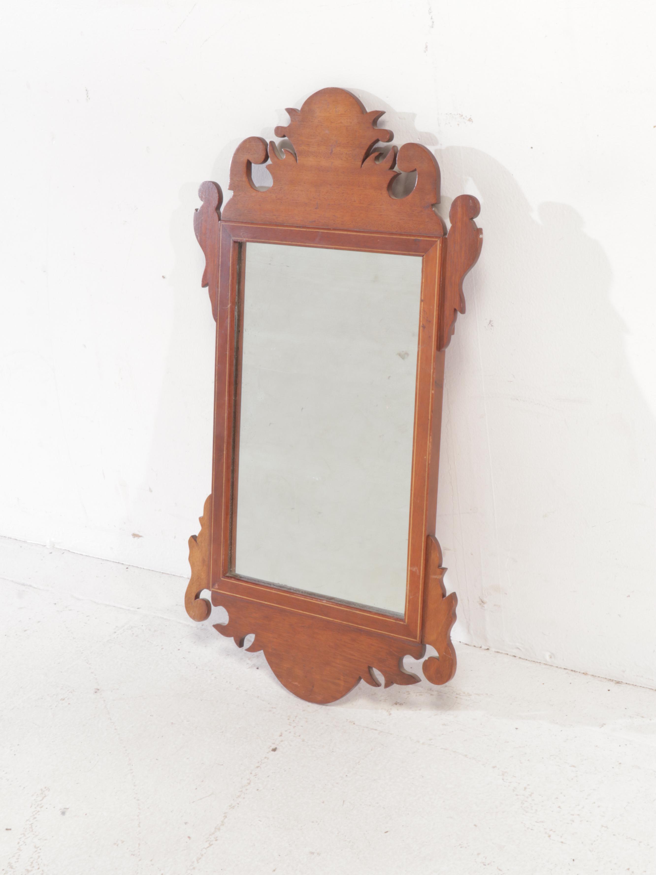 American Chippendale Style Mahogany and String Inlay Looking Glass