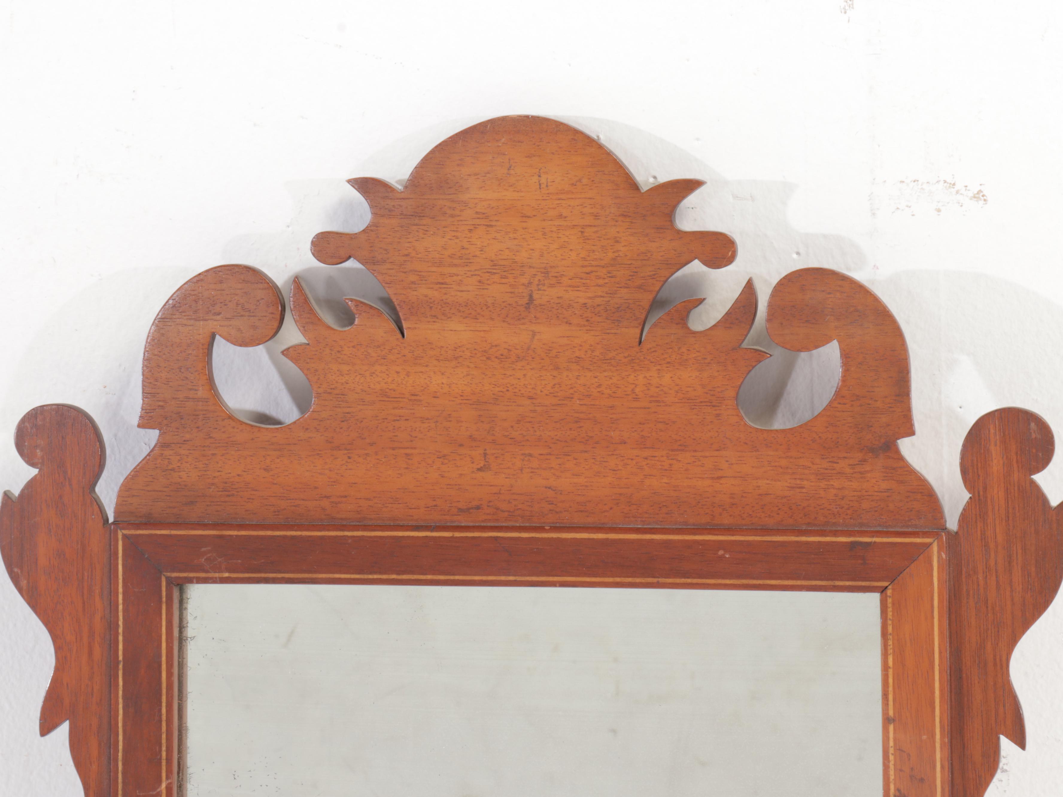 American Chippendale Style Mahogany and String Inlay Looking Glass