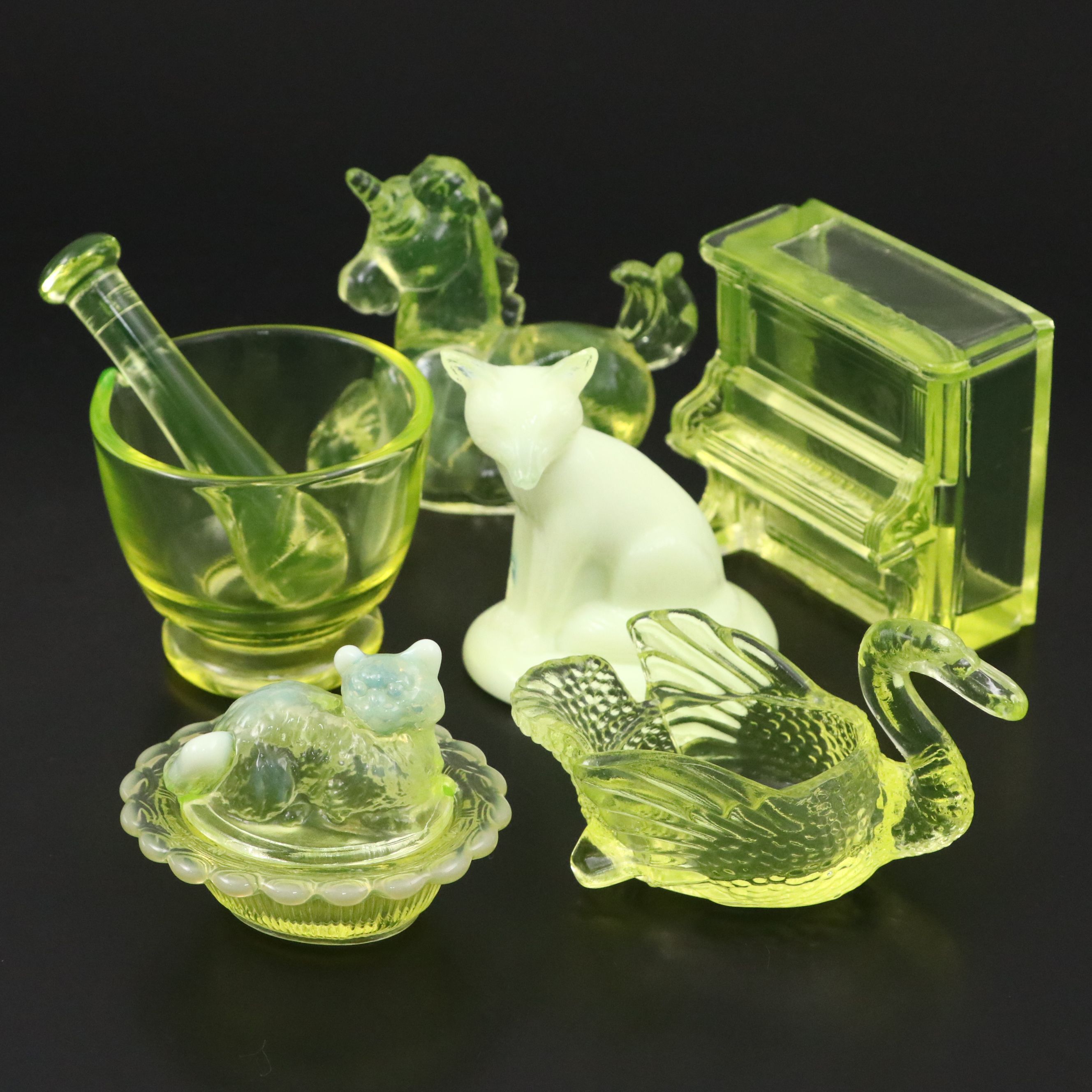 Mosser, Boyd's with Other Vaseline Glass Figurines, Mortar and Pestle with More