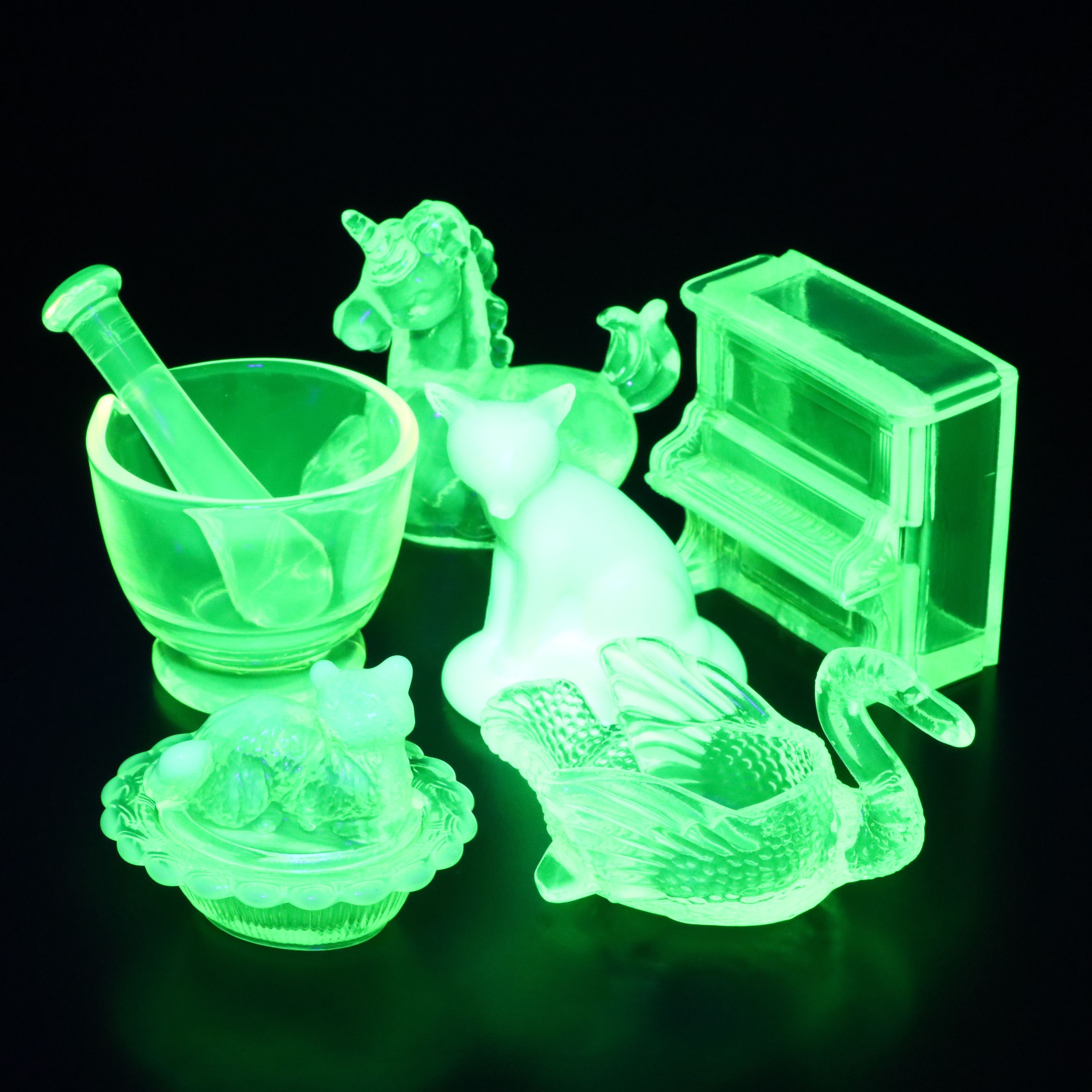 Mosser, Boyd's with Other Vaseline Glass Figurines, Mortar and Pestle with More