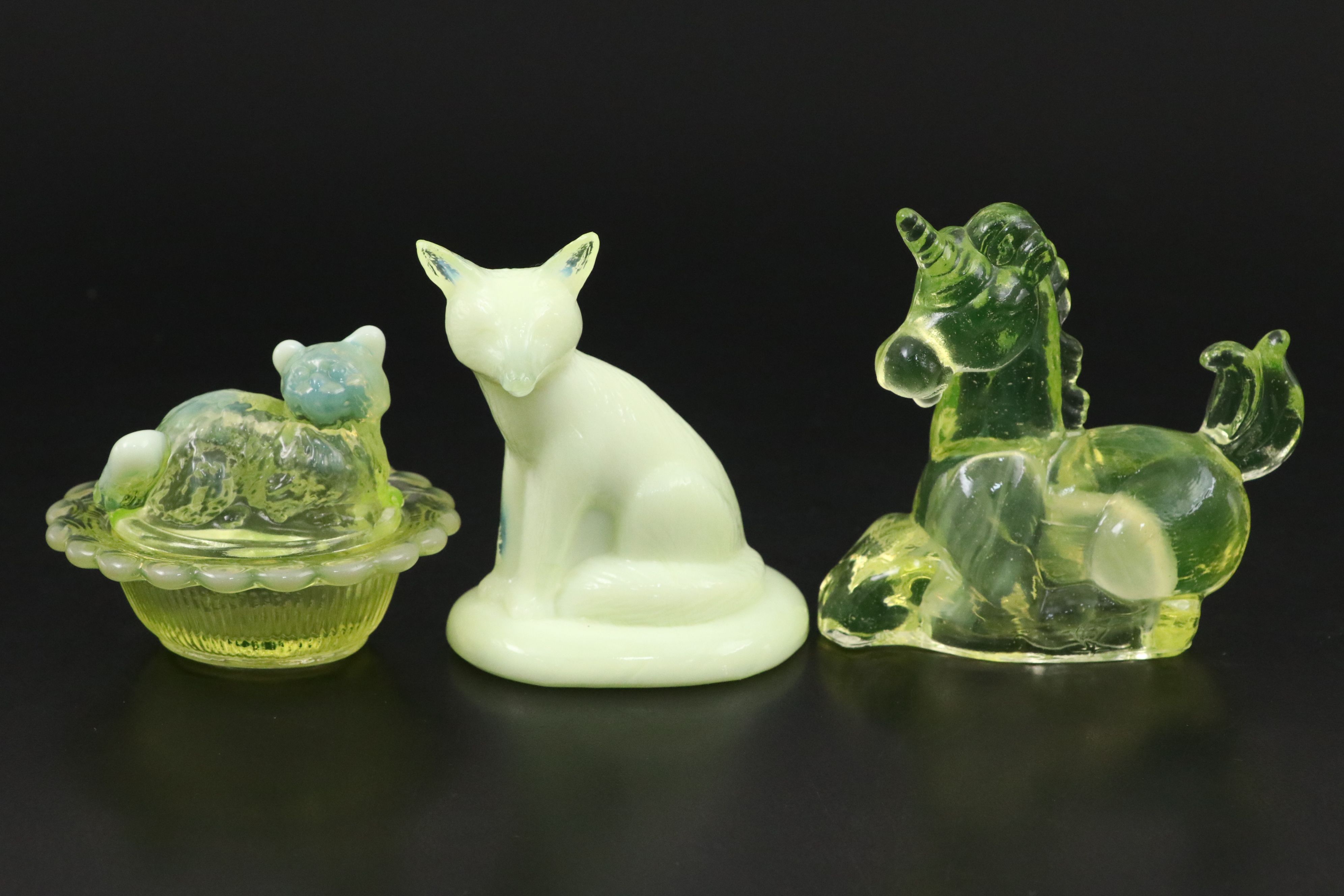 Mosser, Boyd's with Other Vaseline Glass Figurines, Mortar and Pestle with More