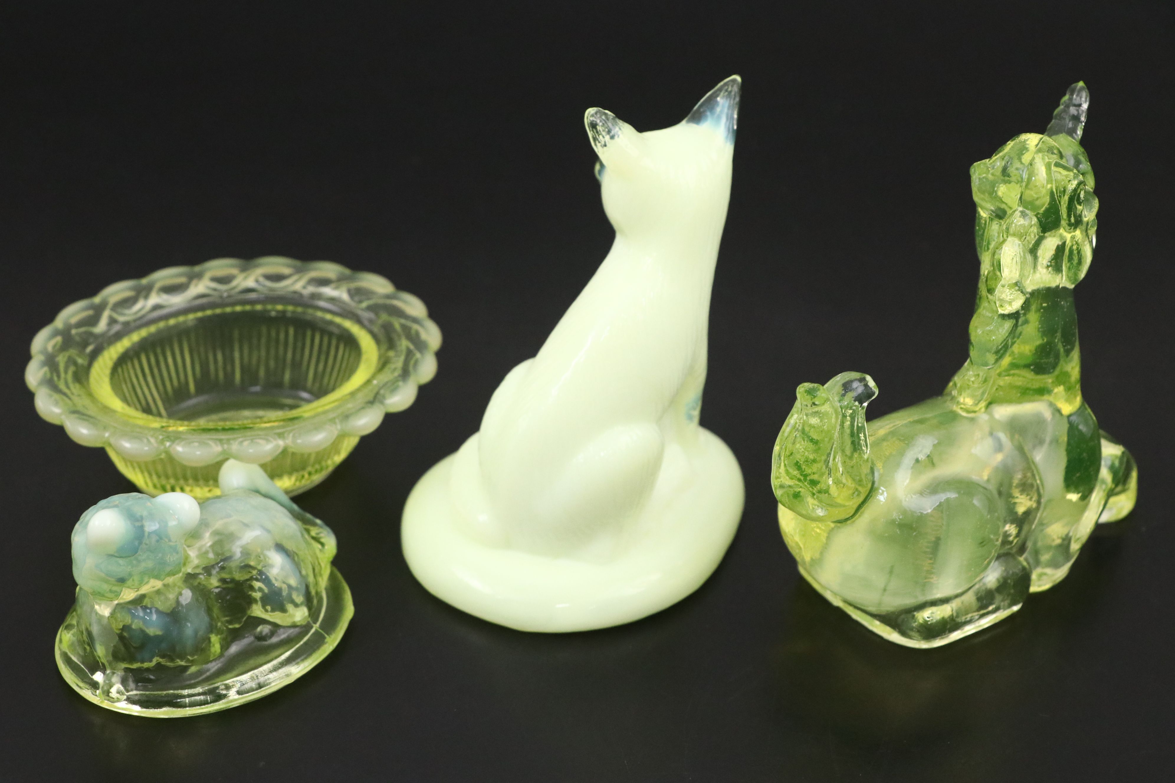 Mosser, Boyd's with Other Vaseline Glass Figurines, Mortar and Pestle with More