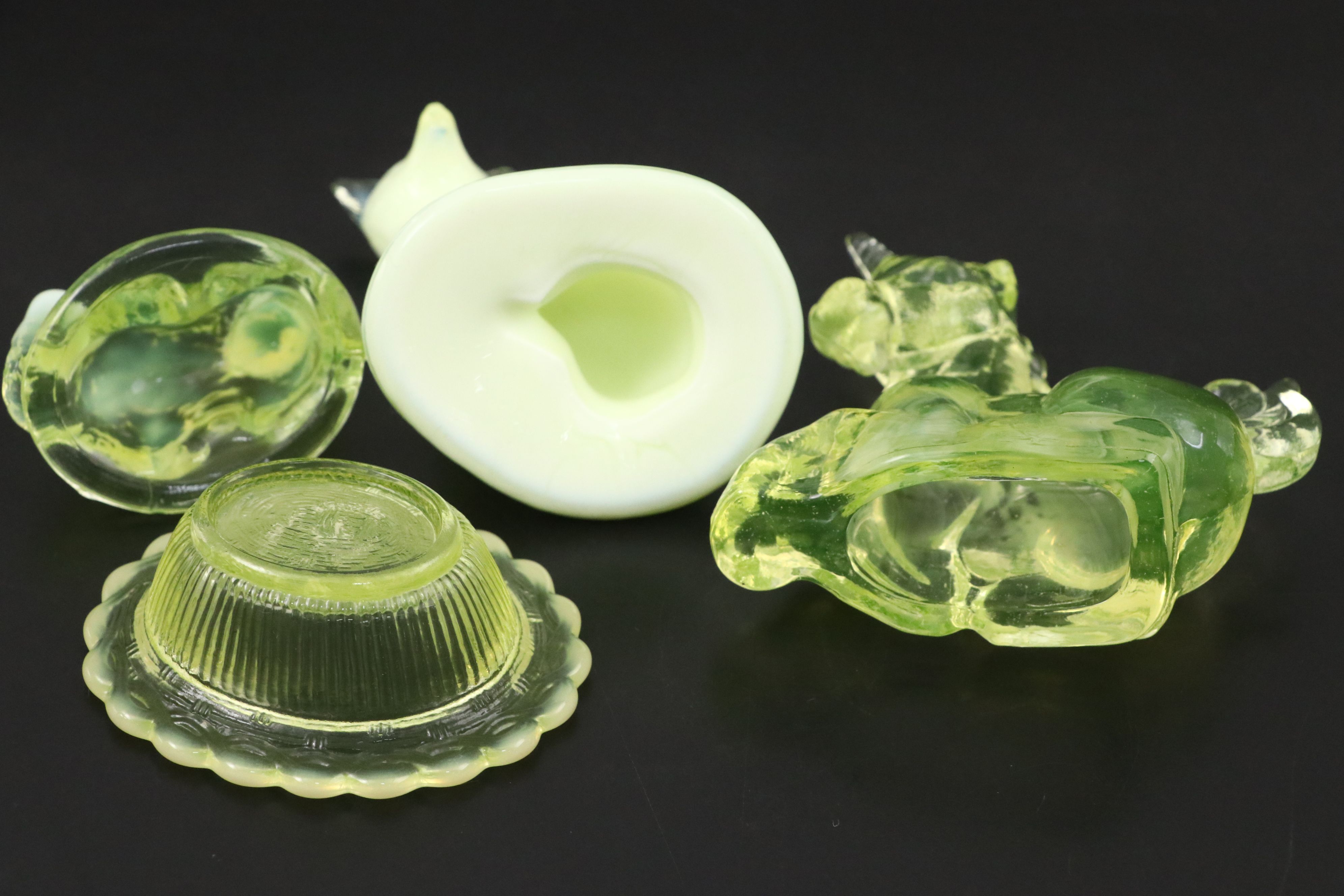 Mosser, Boyd's with Other Vaseline Glass Figurines, Mortar and Pestle with More