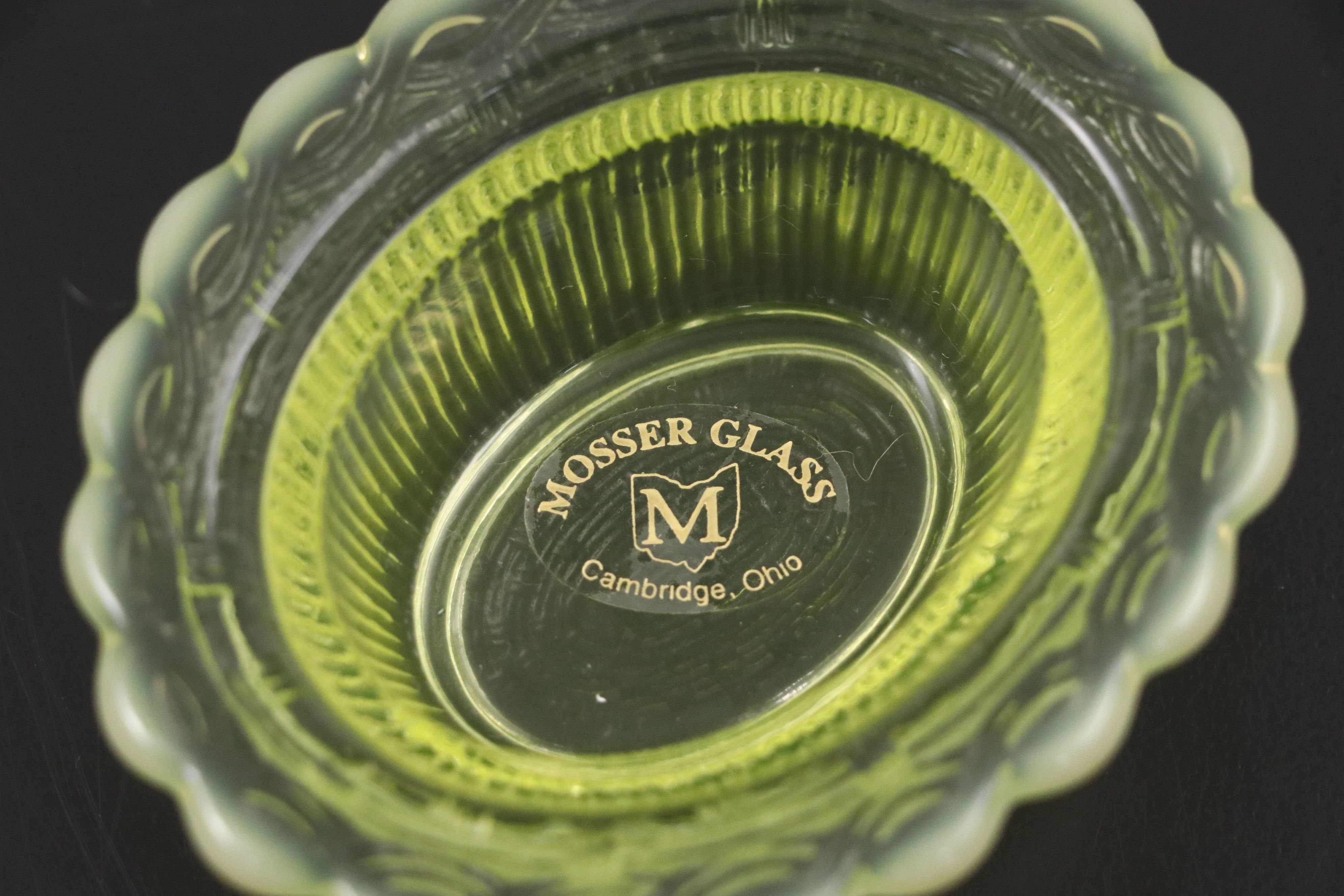 Mosser, Boyd's with Other Vaseline Glass Figurines, Mortar and Pestle with More