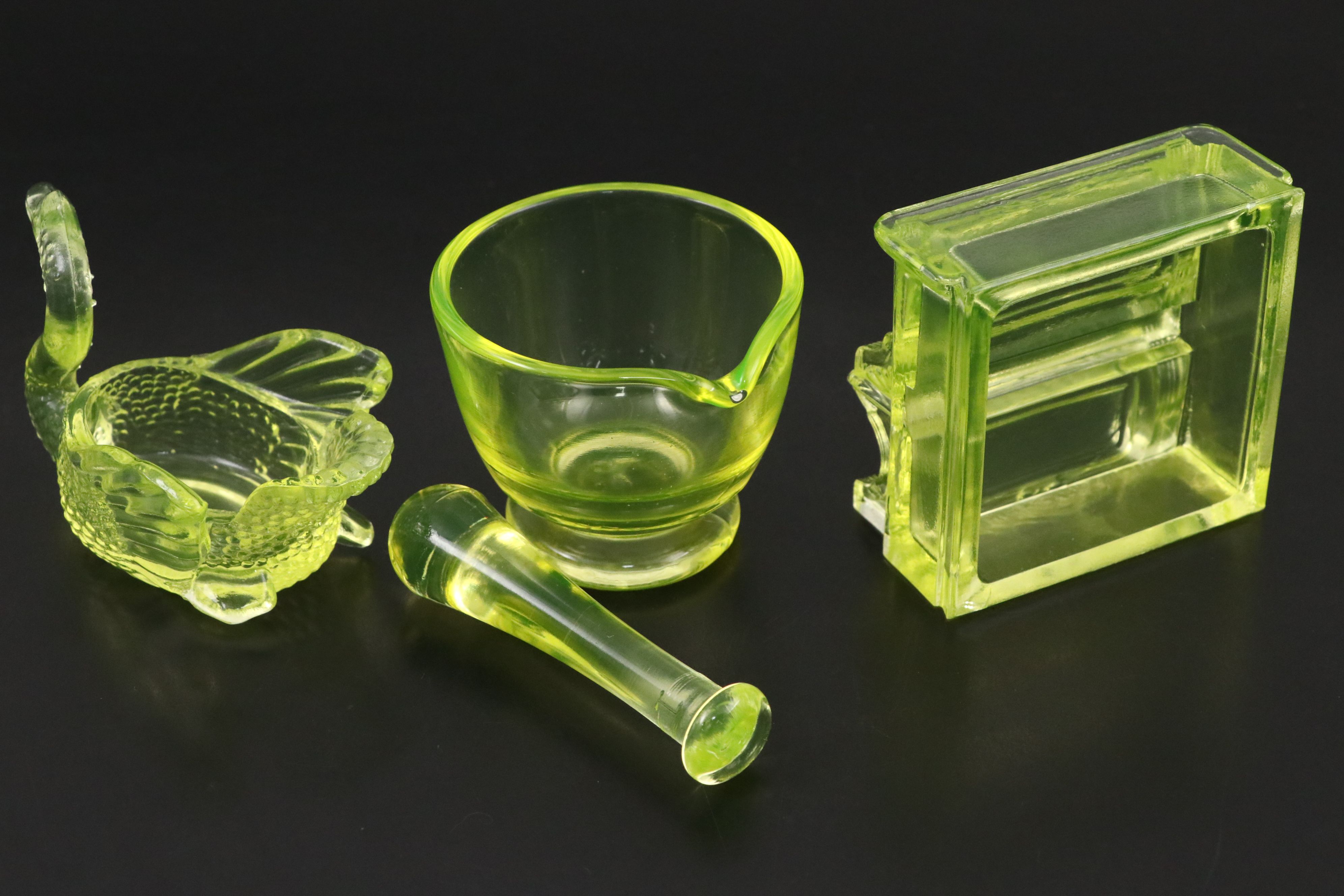 Mosser, Boyd's with Other Vaseline Glass Figurines, Mortar and Pestle with More