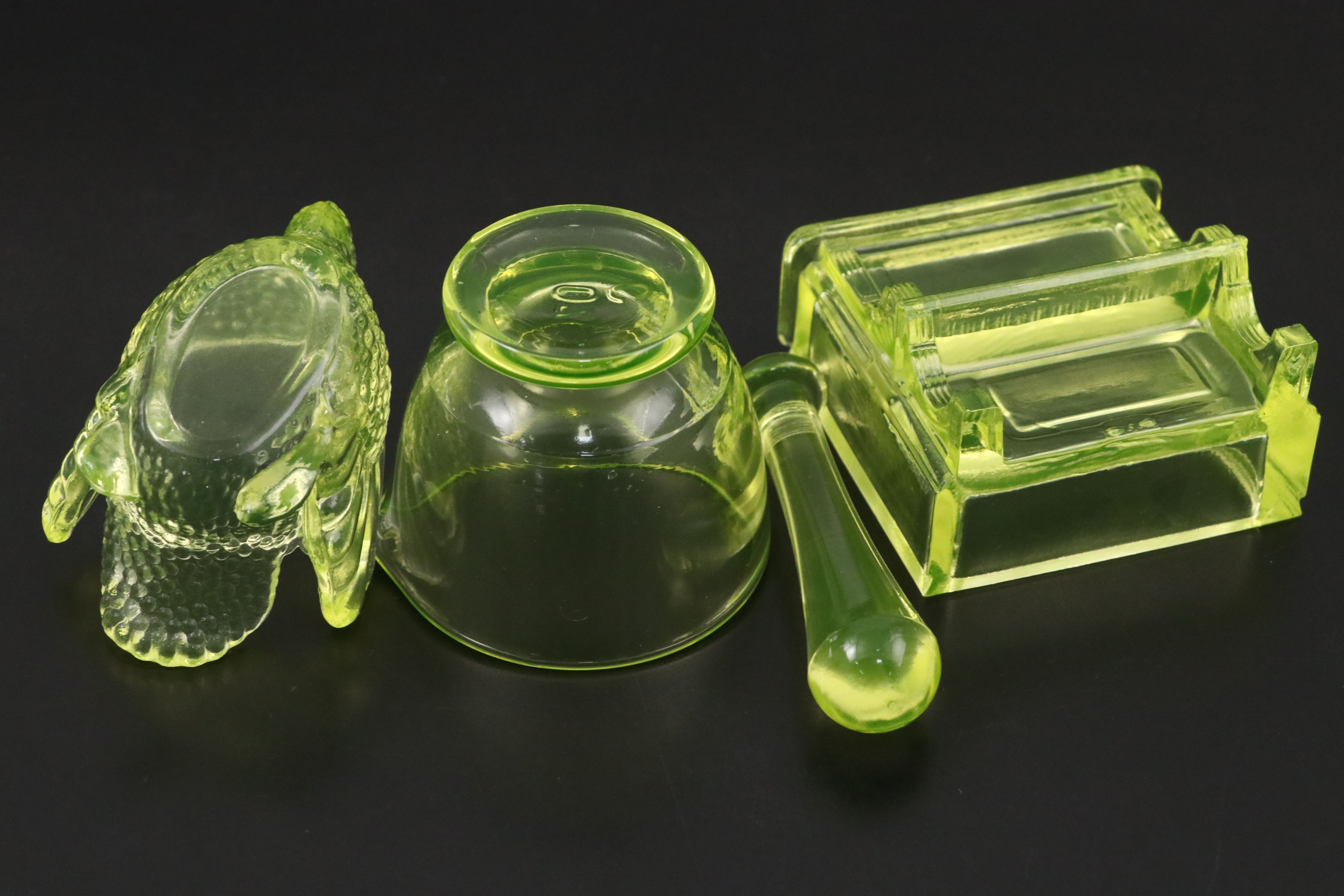 Mosser, Boyd's with Other Vaseline Glass Figurines, Mortar and Pestle with More