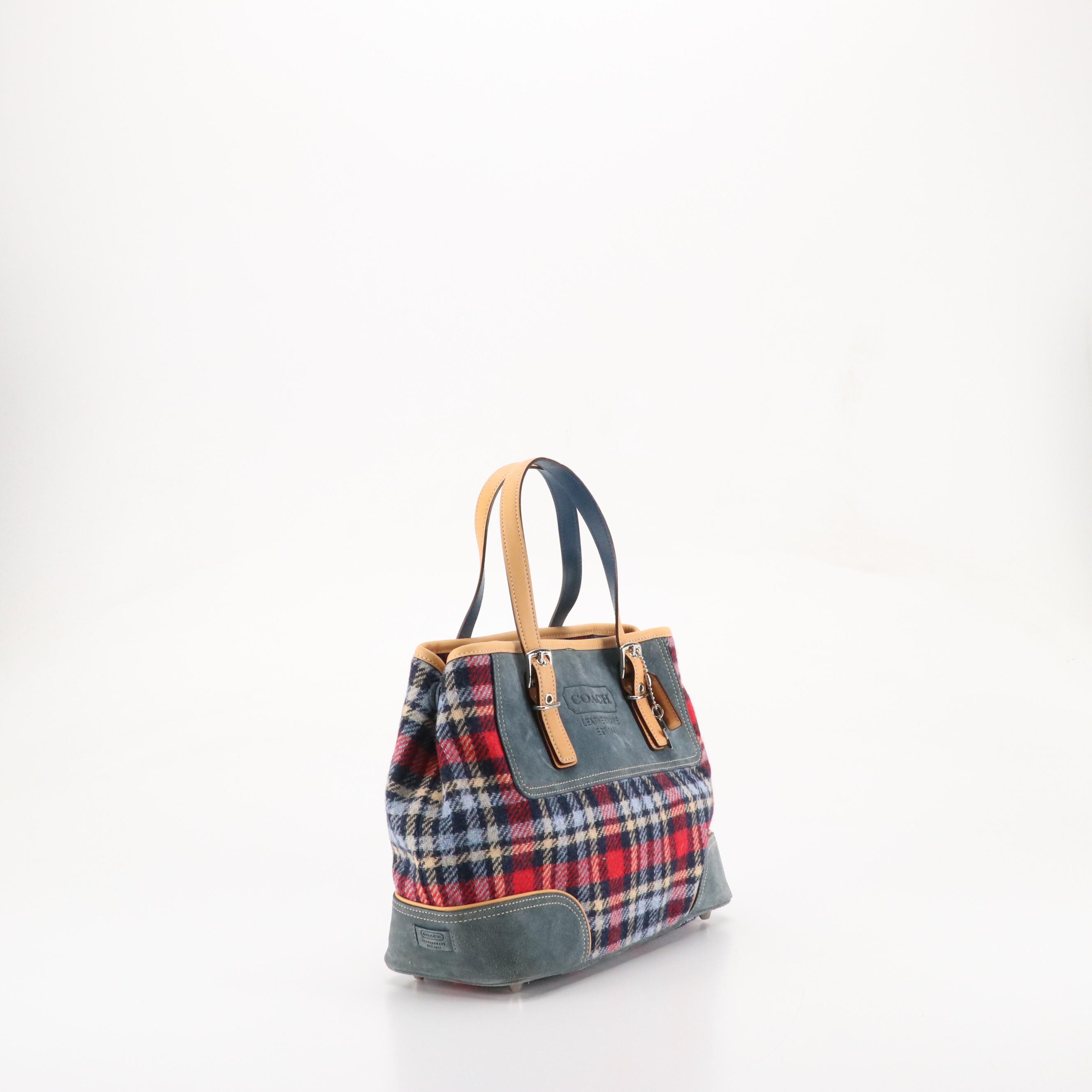Coach Hampton Tote in Plaid Wool and Steel Blue Suede