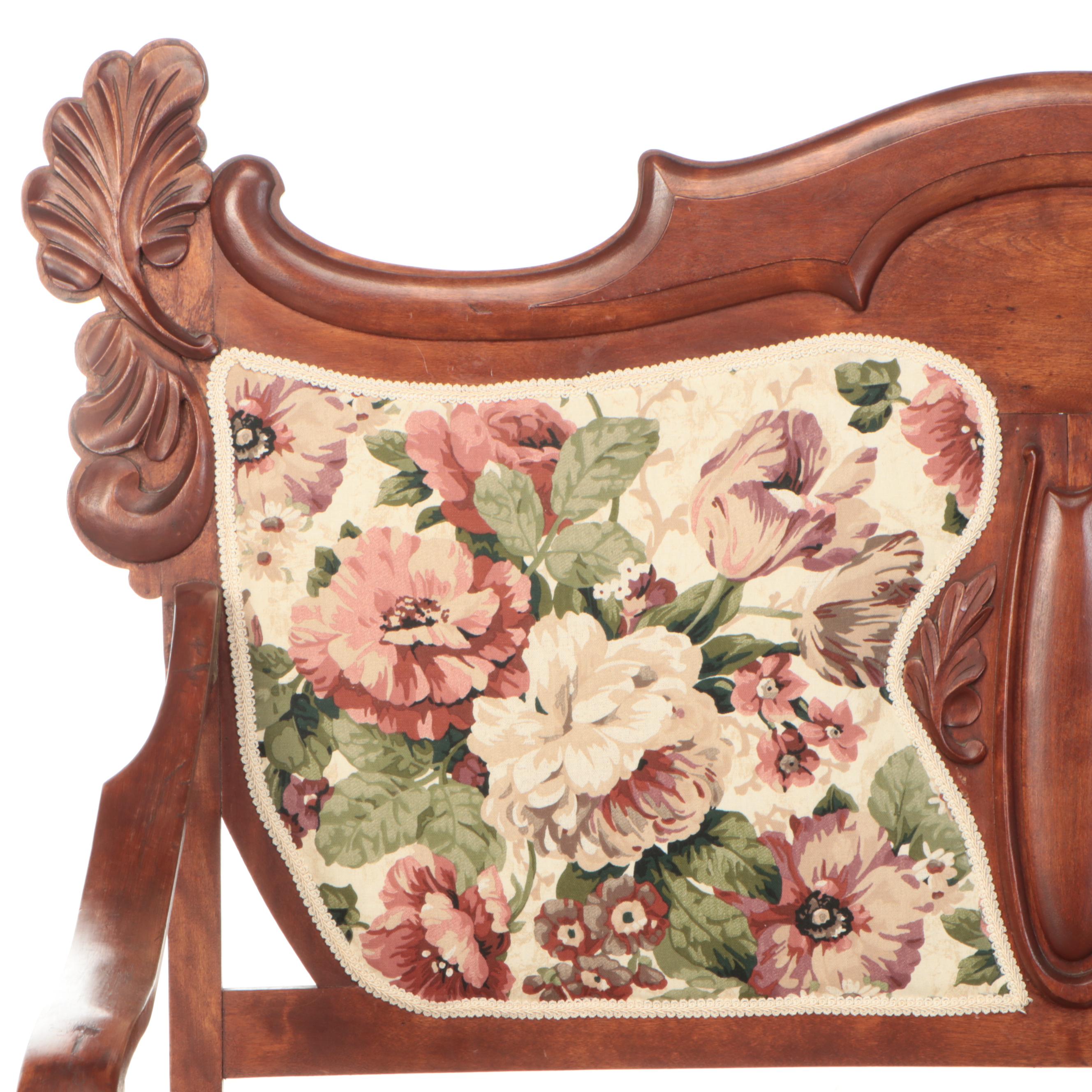 Victorian Style Floral Upholstered and Carved Walnut Settee