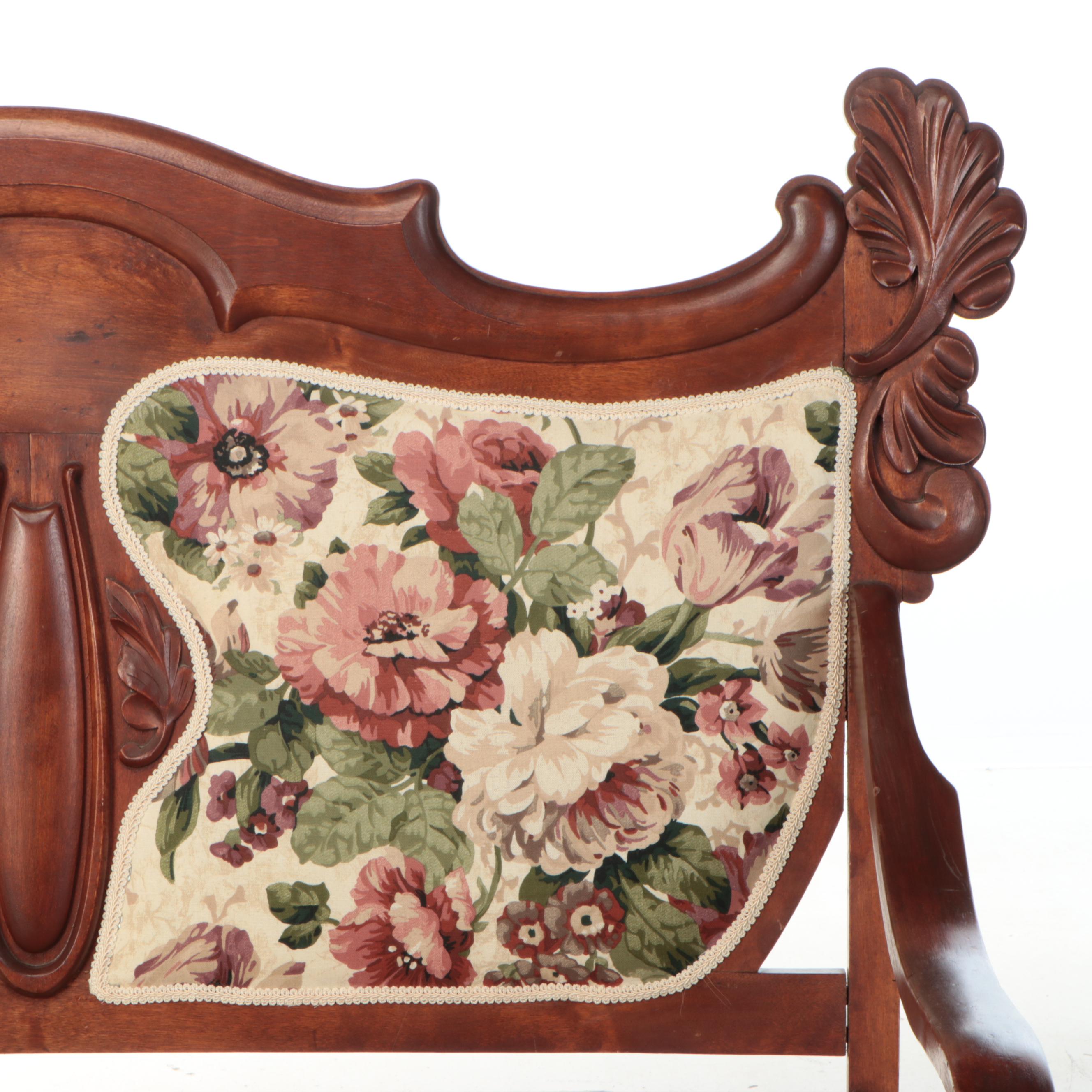 Victorian Style Floral Upholstered and Carved Walnut Settee